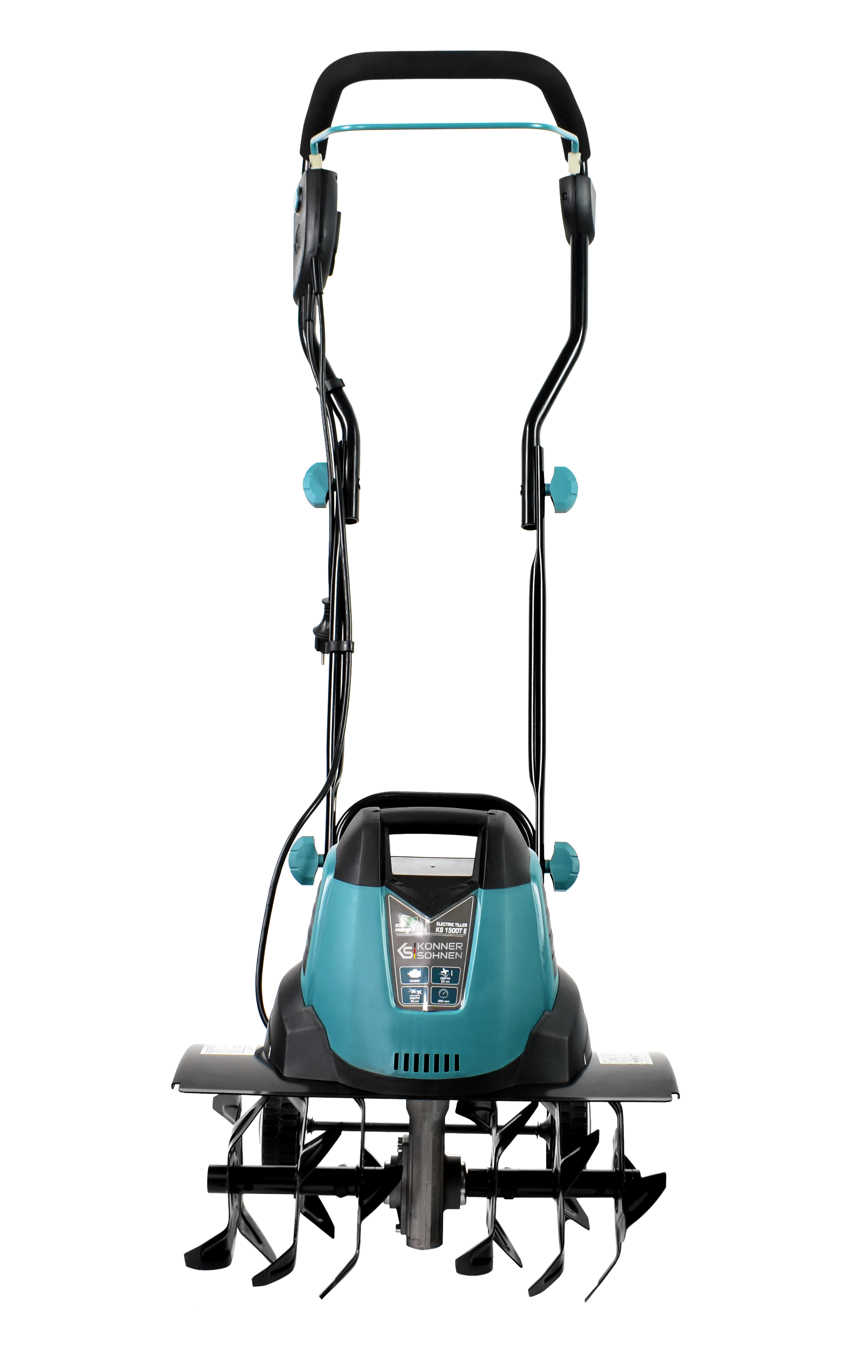 Elektryczna glebogryzarka w turkusowo-czarnym kolorze. Wyświetla przewód zasilający i noże na czarnym tle.