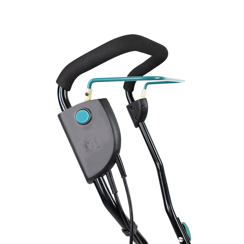 Zbliżenie uchwytu glebogryzarki z czarnym uchwytem i turkusowymi elementami sterującymi na czarnym tle.