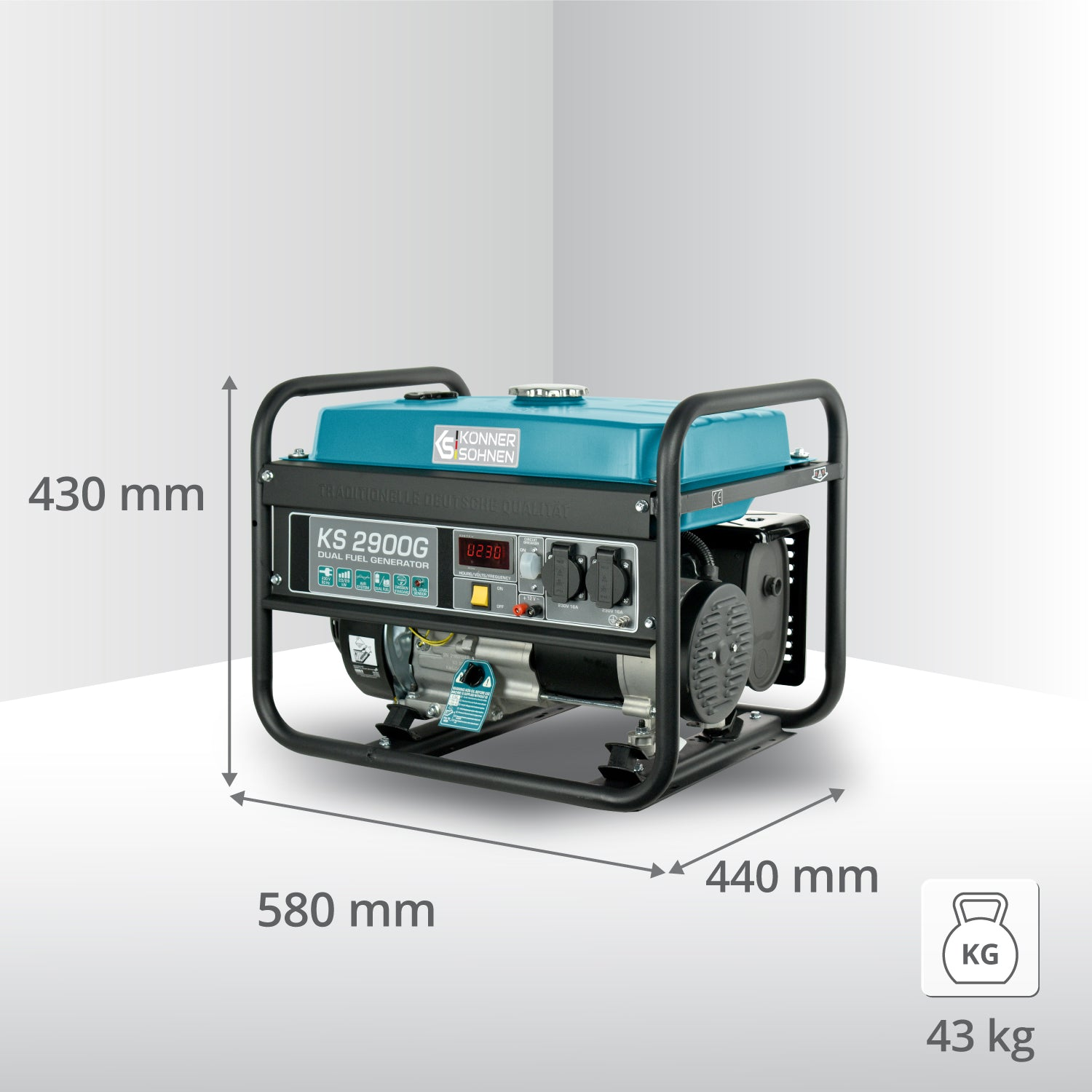 Generator z wymiarami i wagą. Tekst: Generator dwupaliwowy KS 2900G. Turkusowy i czarny.