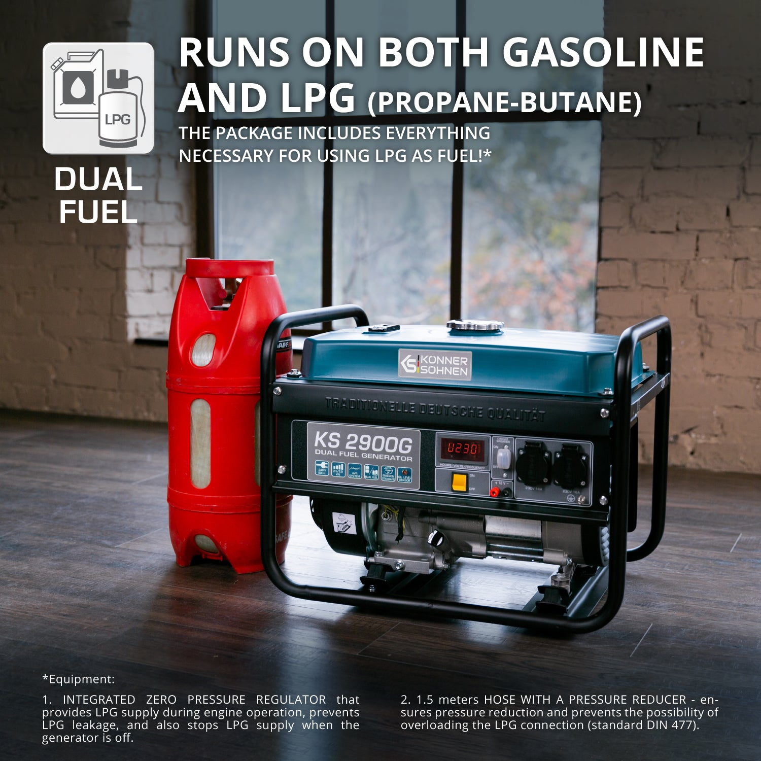 Agregat dwupaliwowy z czerwonym zbiornikiem gazu. Tekst: Działa na benzynę i LPG.