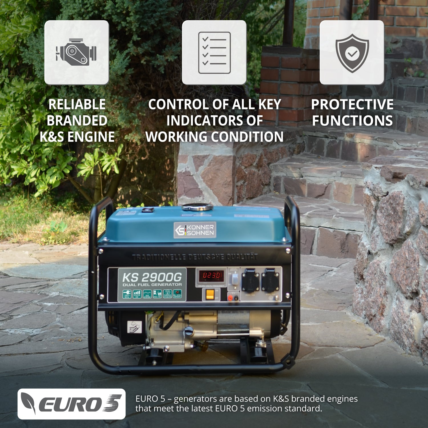 Generator z etykietami tekstowymi. Tekst: Niezawodny silnik, wskaźniki kontrolne, funkcje ochronne. Euro 5.