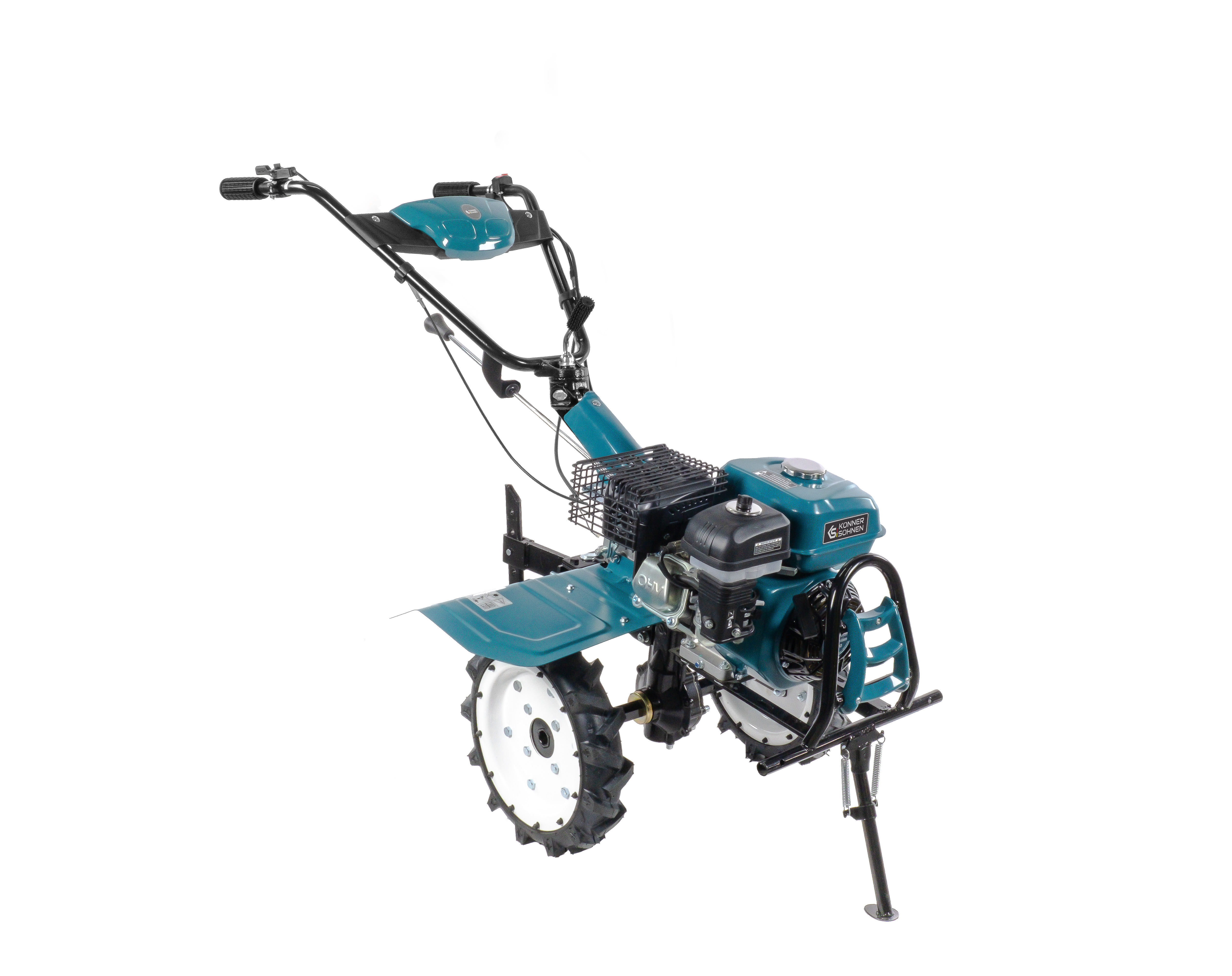 Kultywator turkusowy, czarna rama, białe koła, czarne tło.