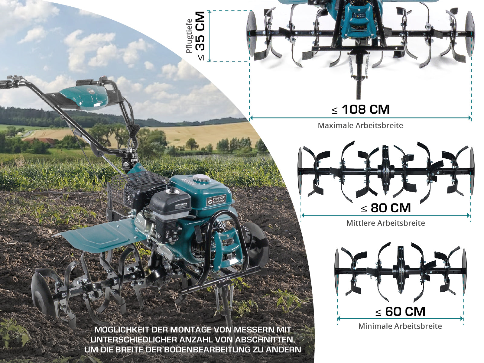 Glebogryzarka w polu z różnymi szerokościami roboczymi i głębokością do 35 cm.