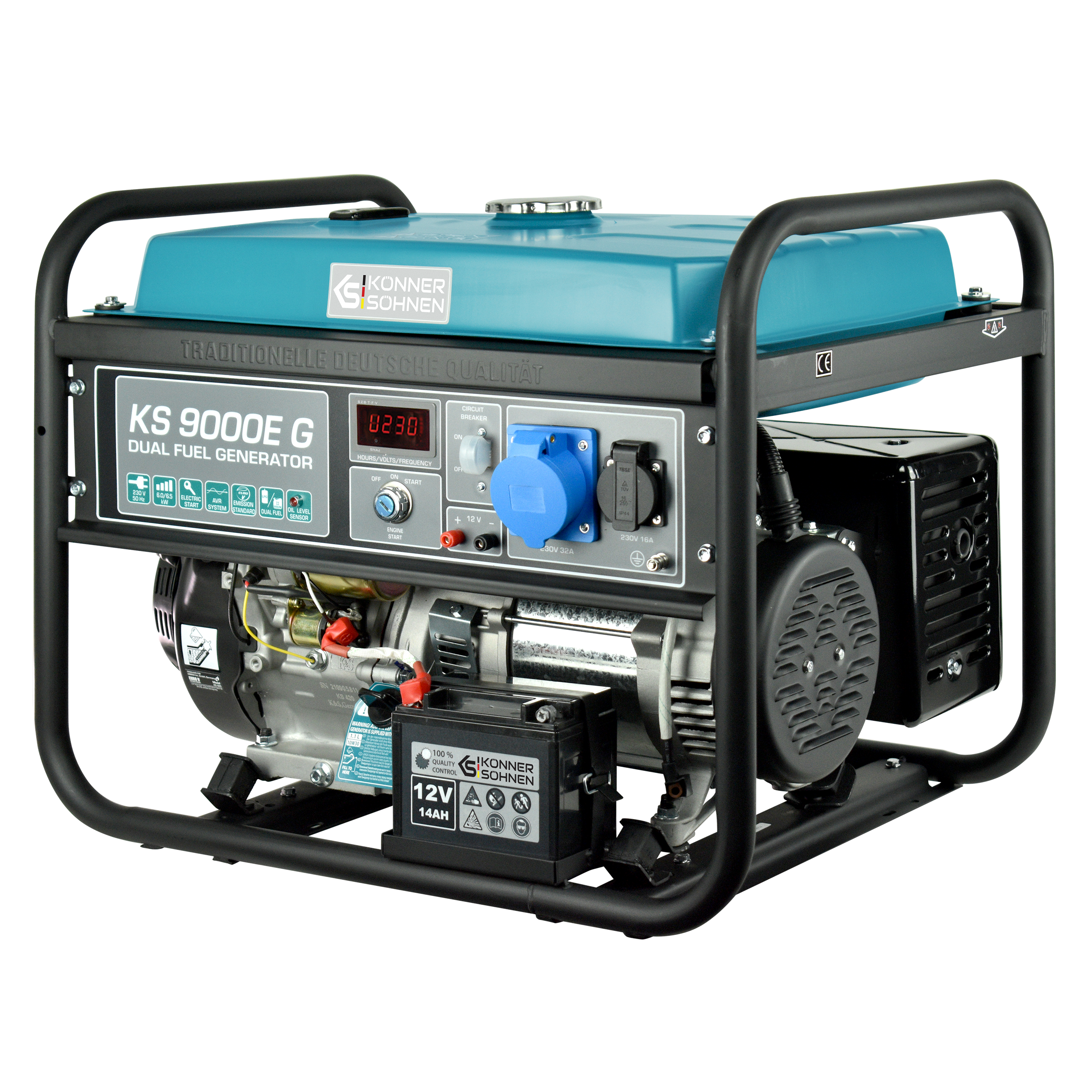 Generator dwupaliwowy, czarna rama, turkusowy top, wyświetlacz cyfrowy, czarne tło.