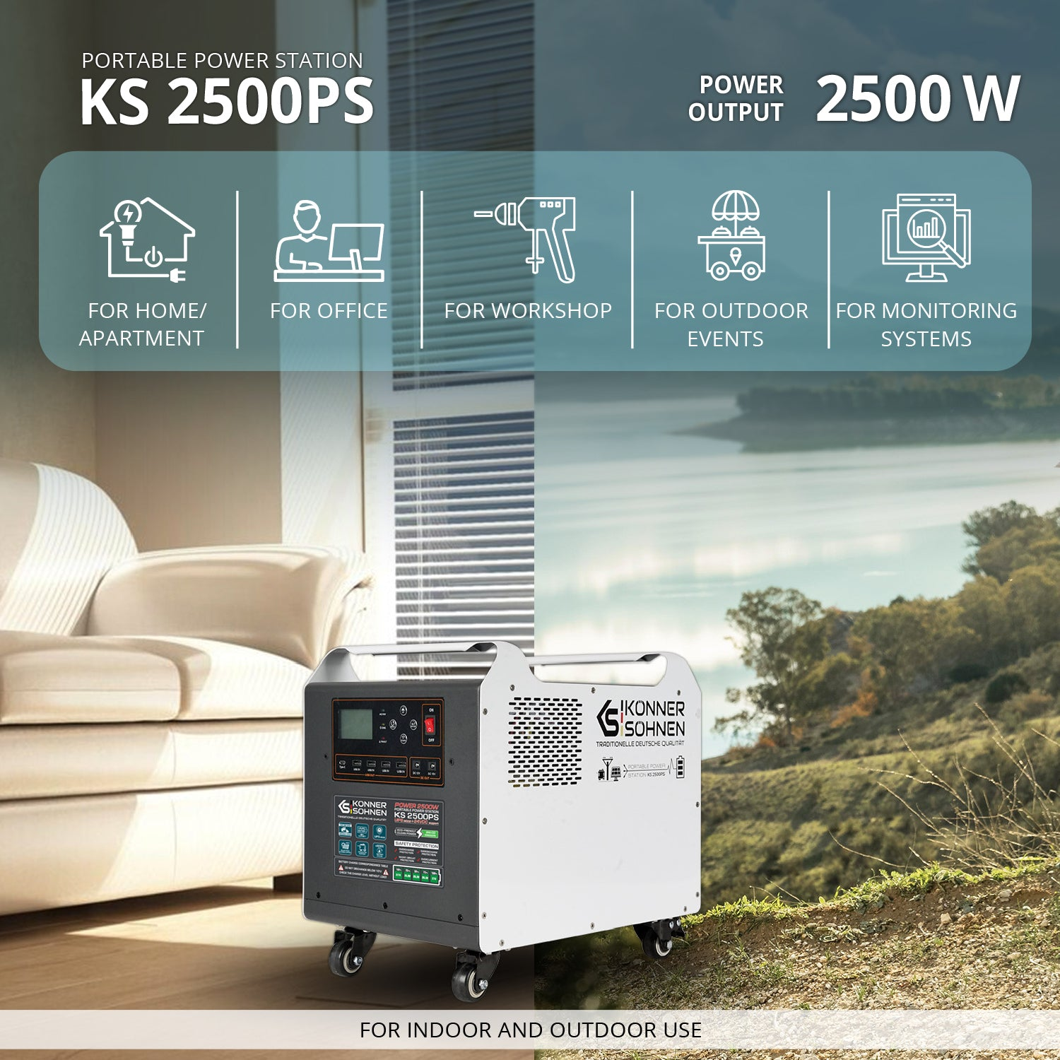 Stacja zasilania we wnętrzu, z tekstem o użytkowaniu wewnątrz i na zewnątrz.