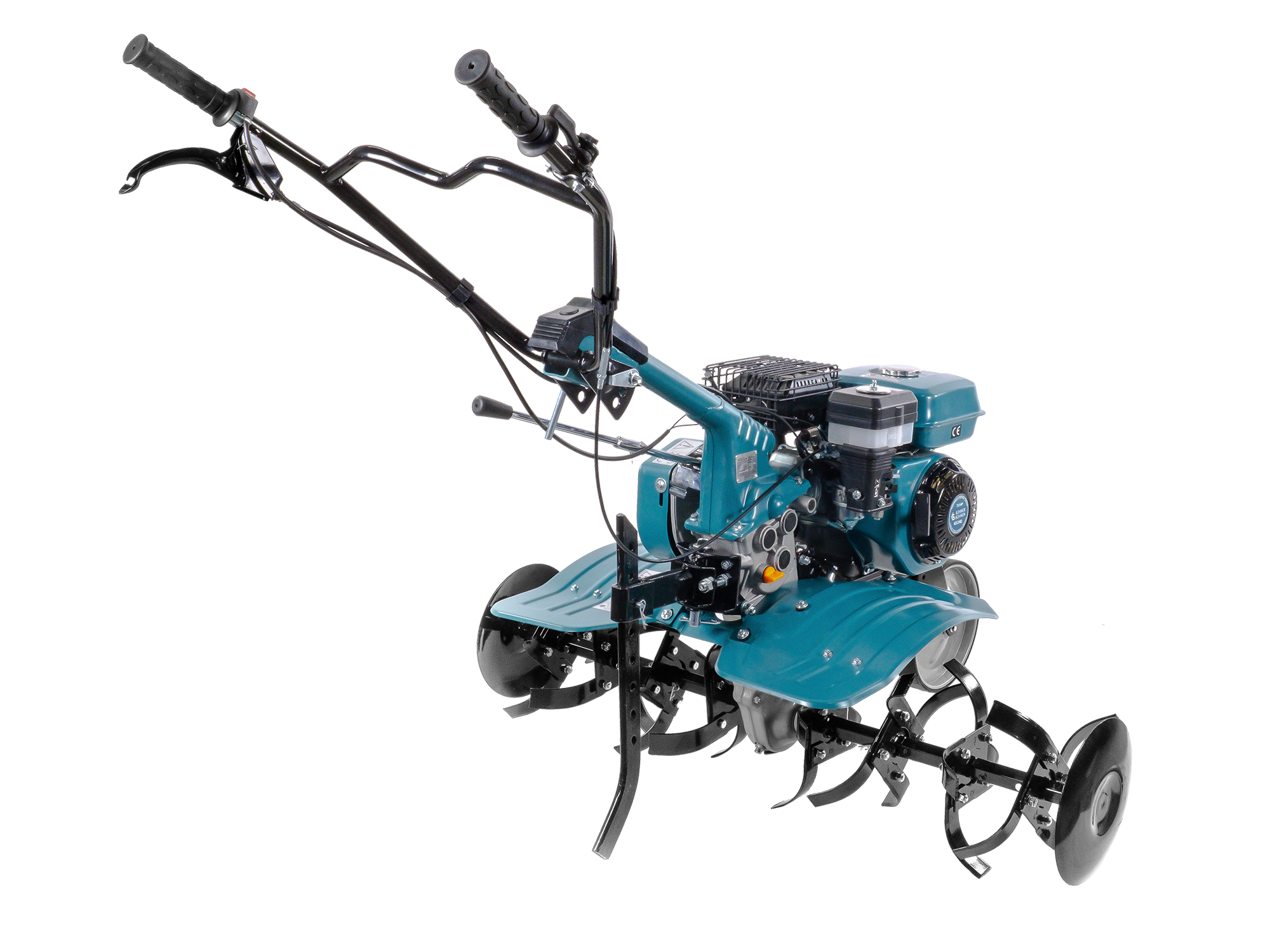 Turkusowa glebogryzarka z osprzętem na trawiastym tle.