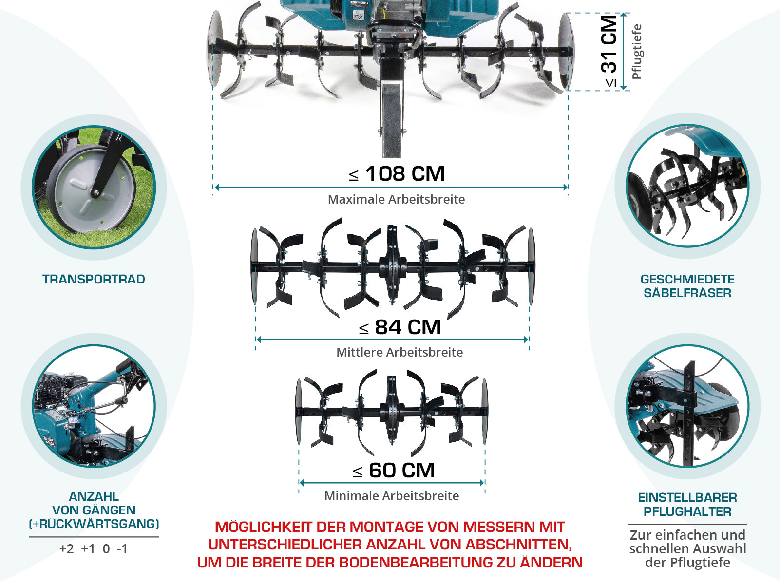 Schemat glebogryzarki z wymiarami i etykietami, białe tło.