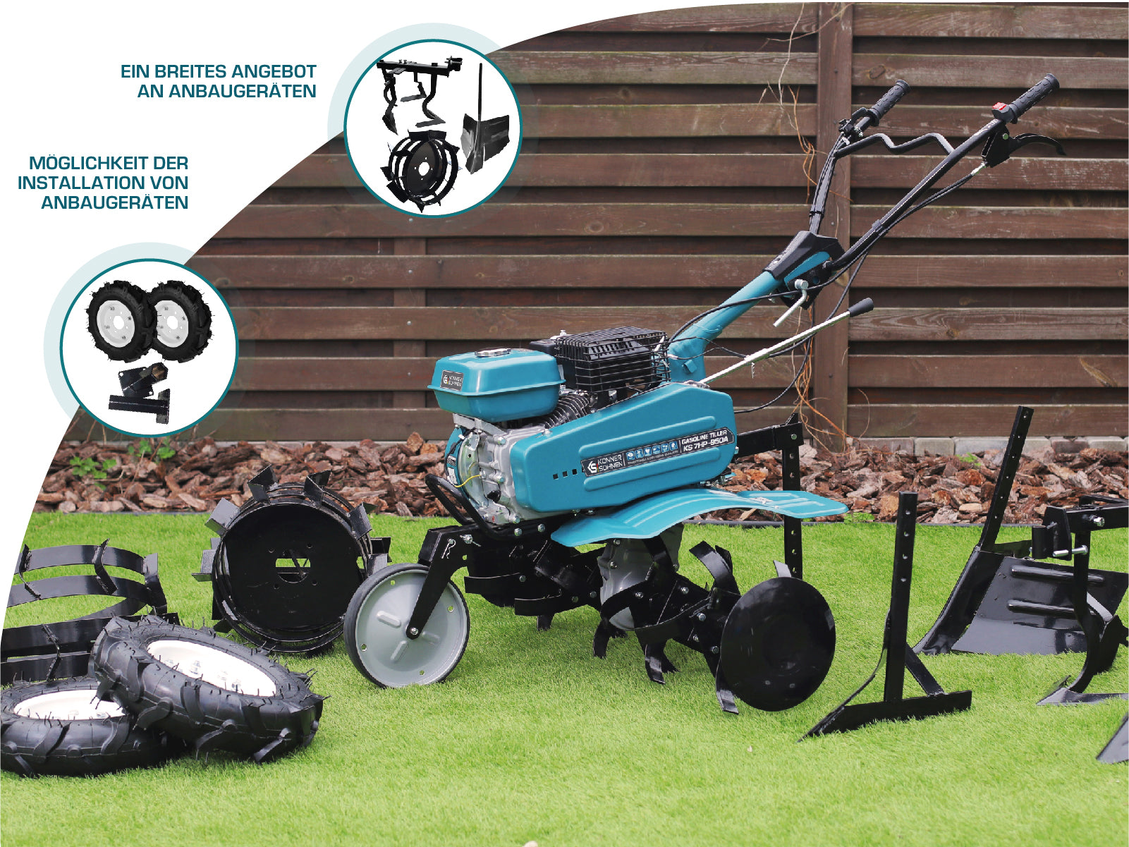 Glebogryzarka z osprzętem, w ogrodzie, zielona trawa, brązowe ogrodzenie.