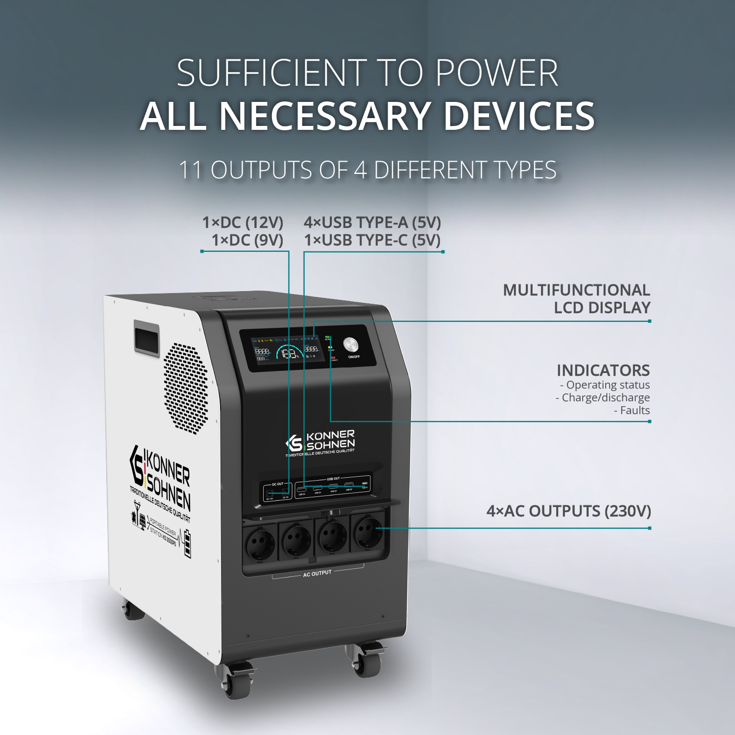 Biało-czarny generator na kółkach, z panelem sterowania i wyjściami.