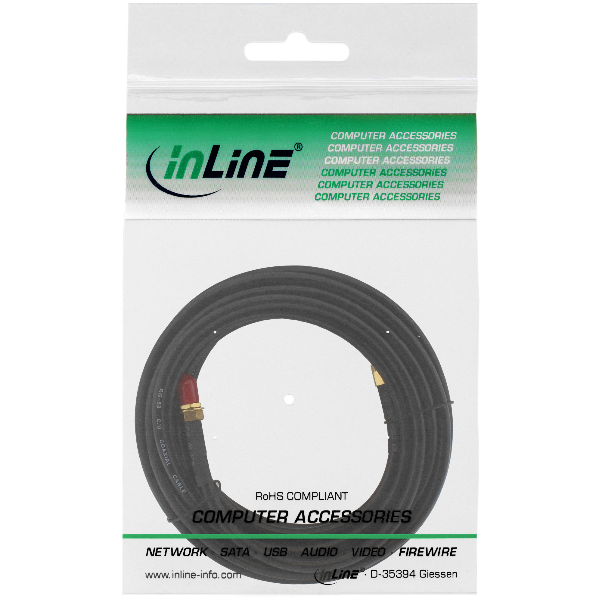Una bolsa de plástico transparente con un cable coaxial negro en su interior. Texto: Accesorios de ordenador.