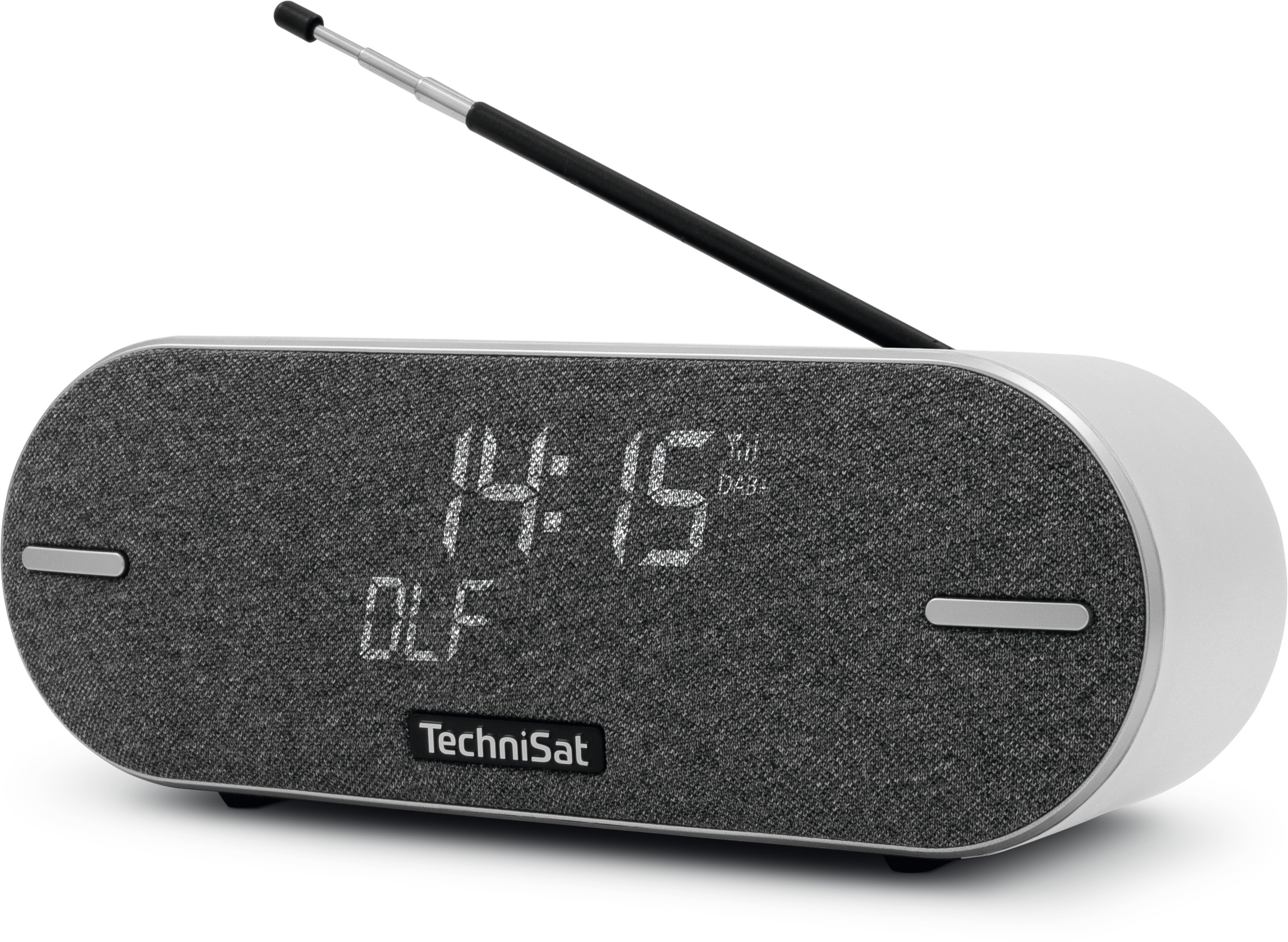 Cyfrowe radio z budzikiem z szarym materiałowym przodem i białą ramką, antena w górę.