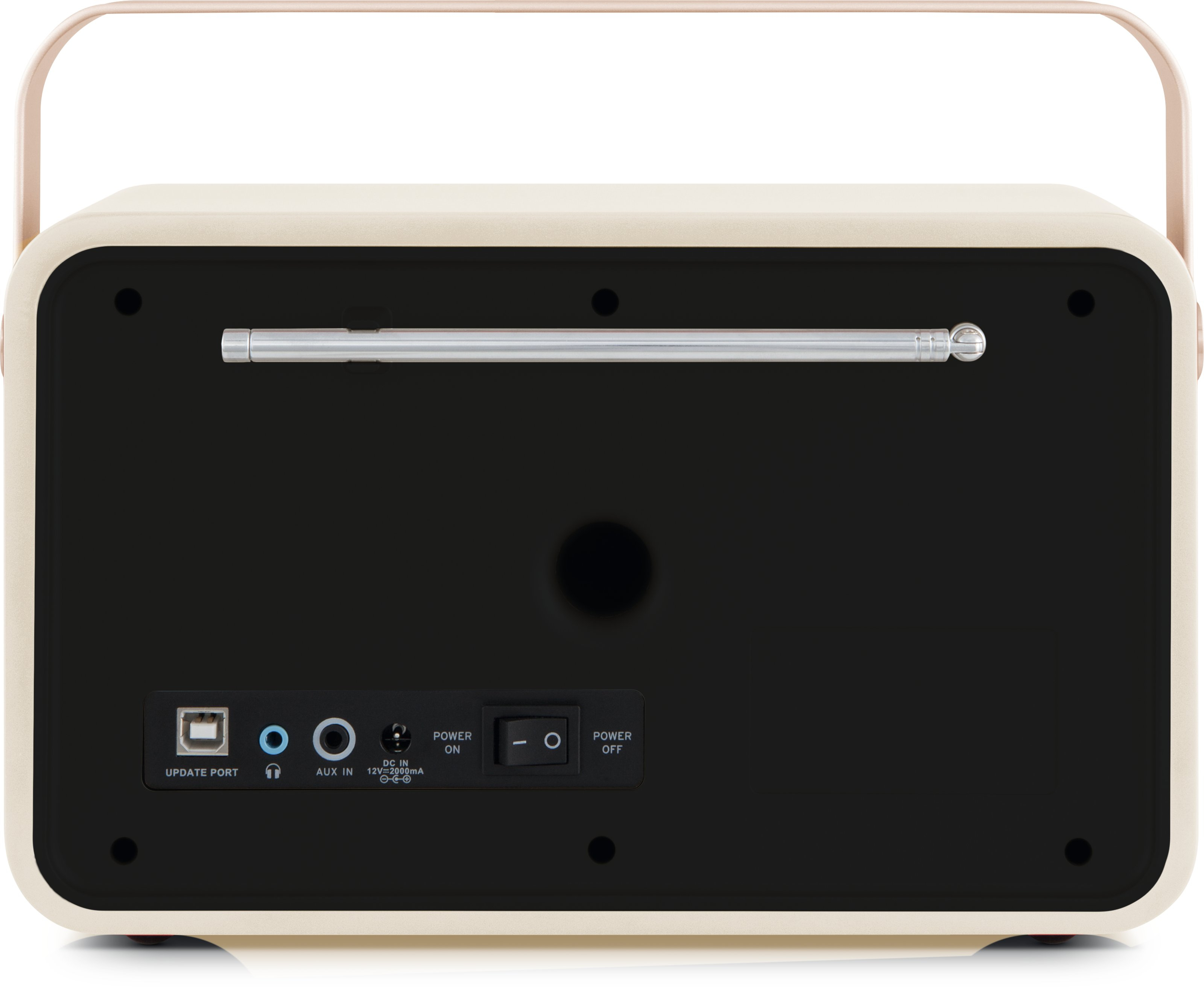 Tył kremowego radia z portami, przyciskami i anteną.