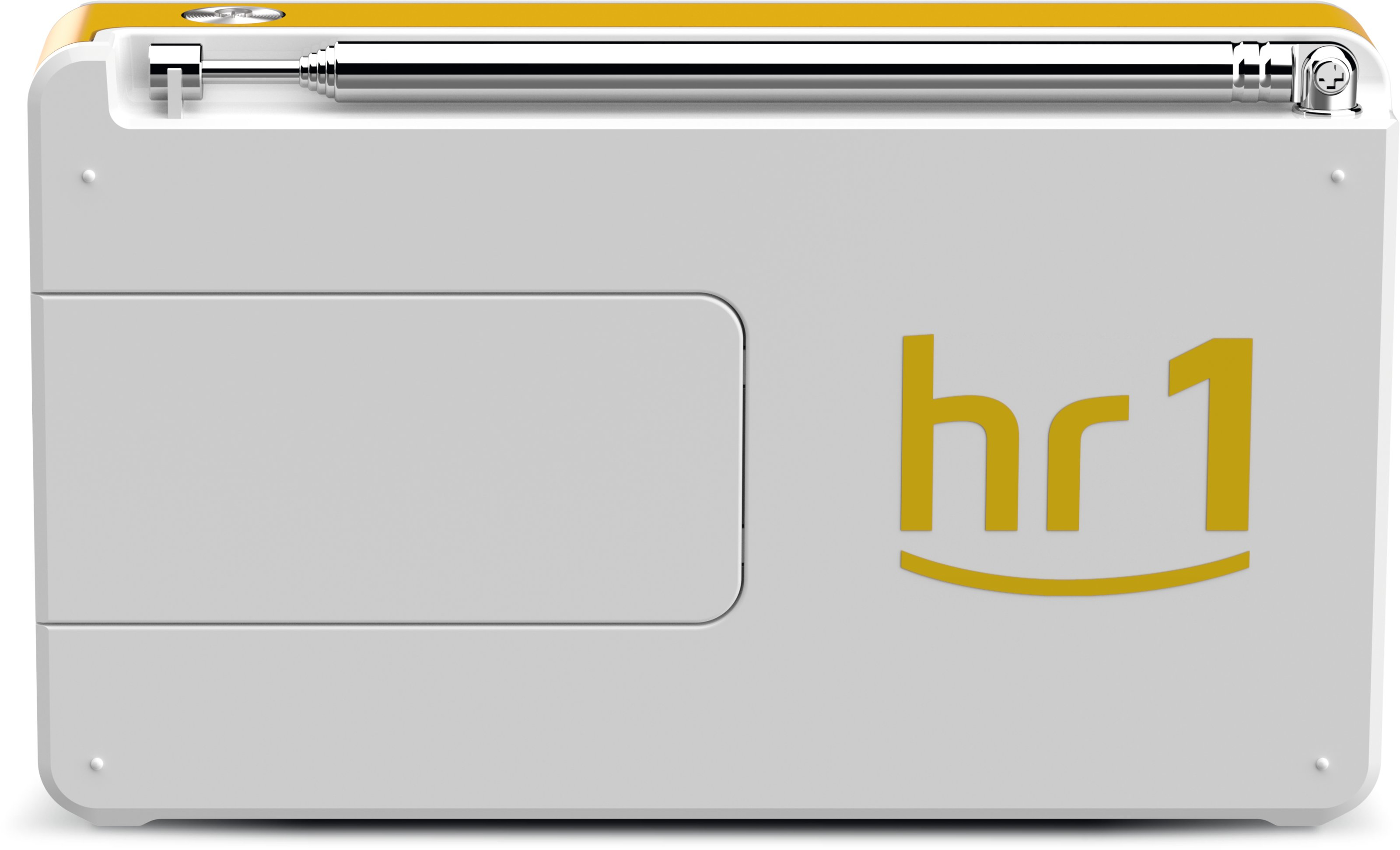 Ein weißes und gelbes Radio mit silberner Antenne und dem 'hr1'-Logo auf der Vorderseite.