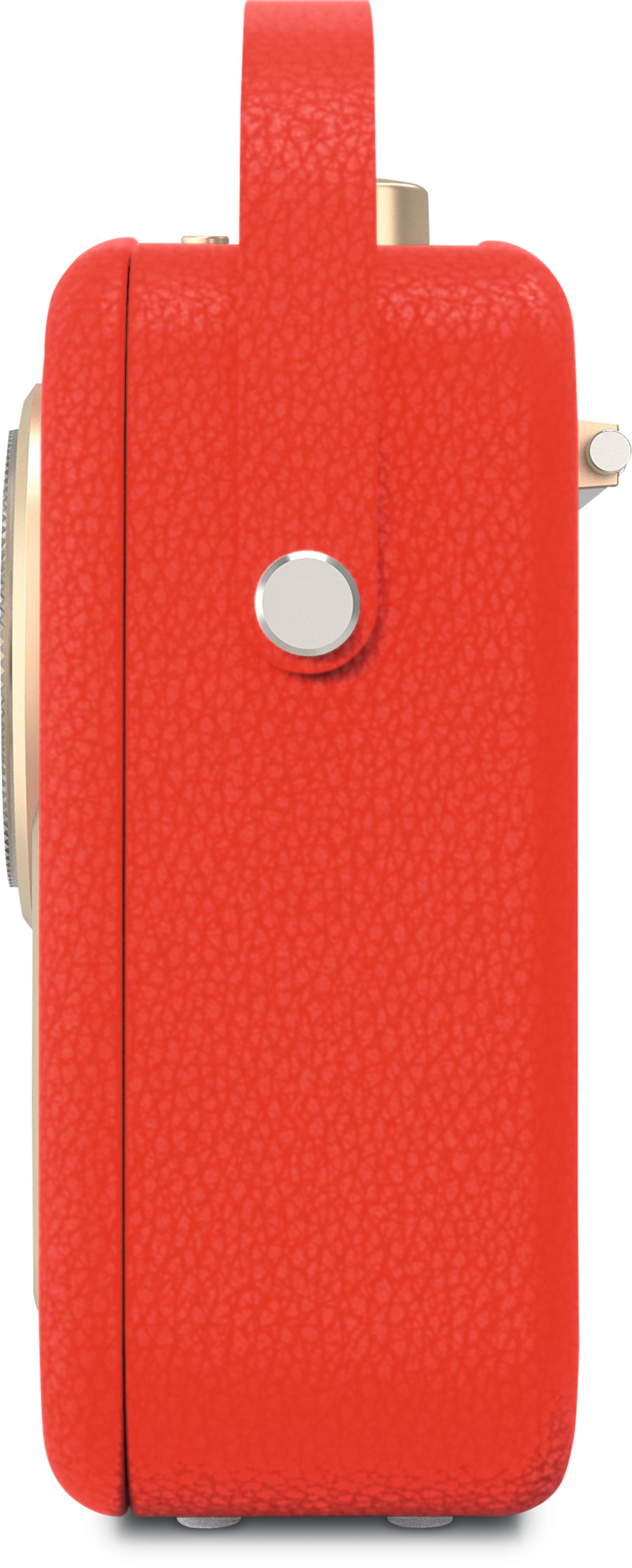 Czerwone radio o fakturze skóry, widok z boku, z uchwytem i złotymi detalami.
