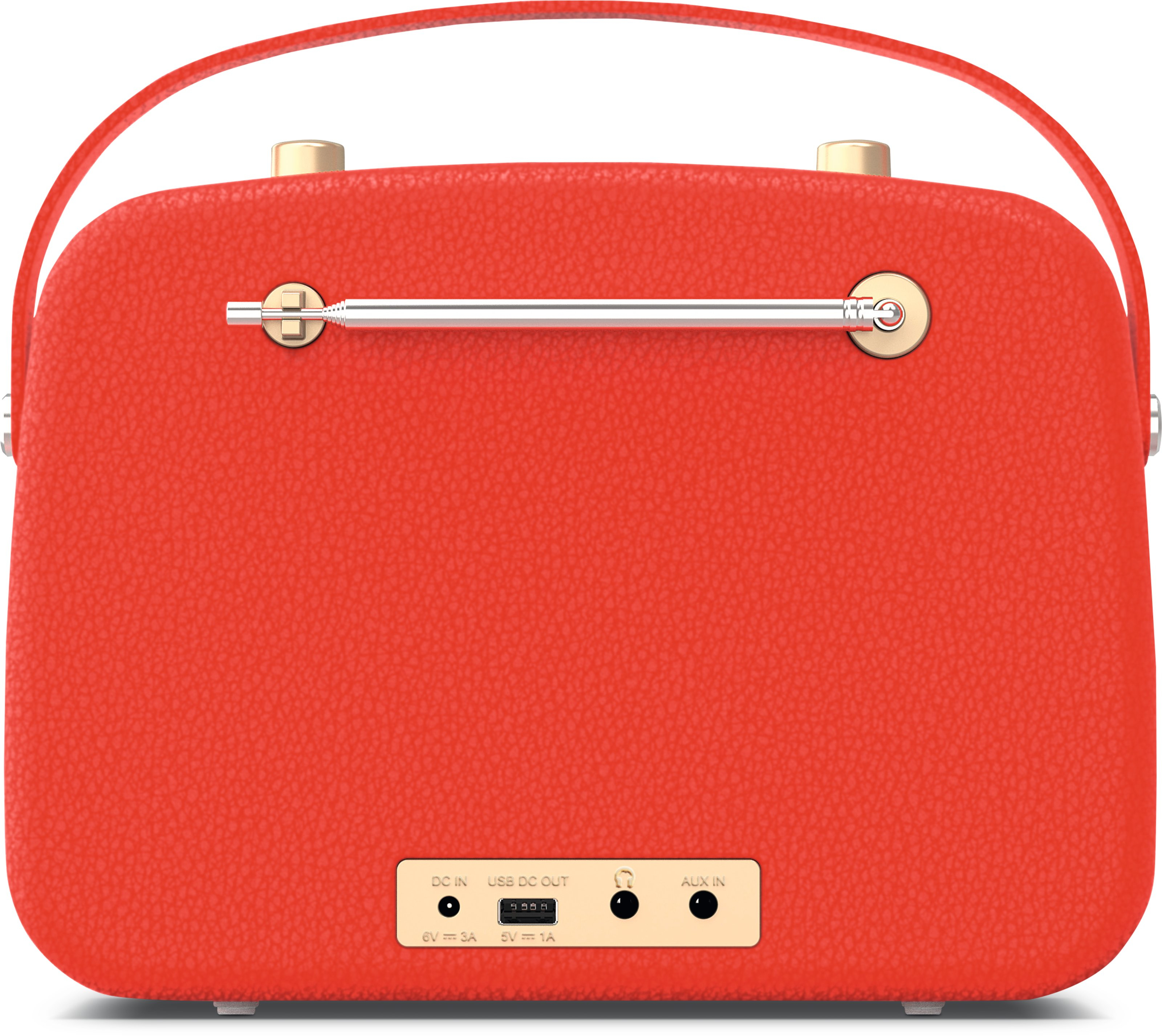 Czerwone radio w stylu retro z uchwytem, anteną i przyciskami sterowania na górze.