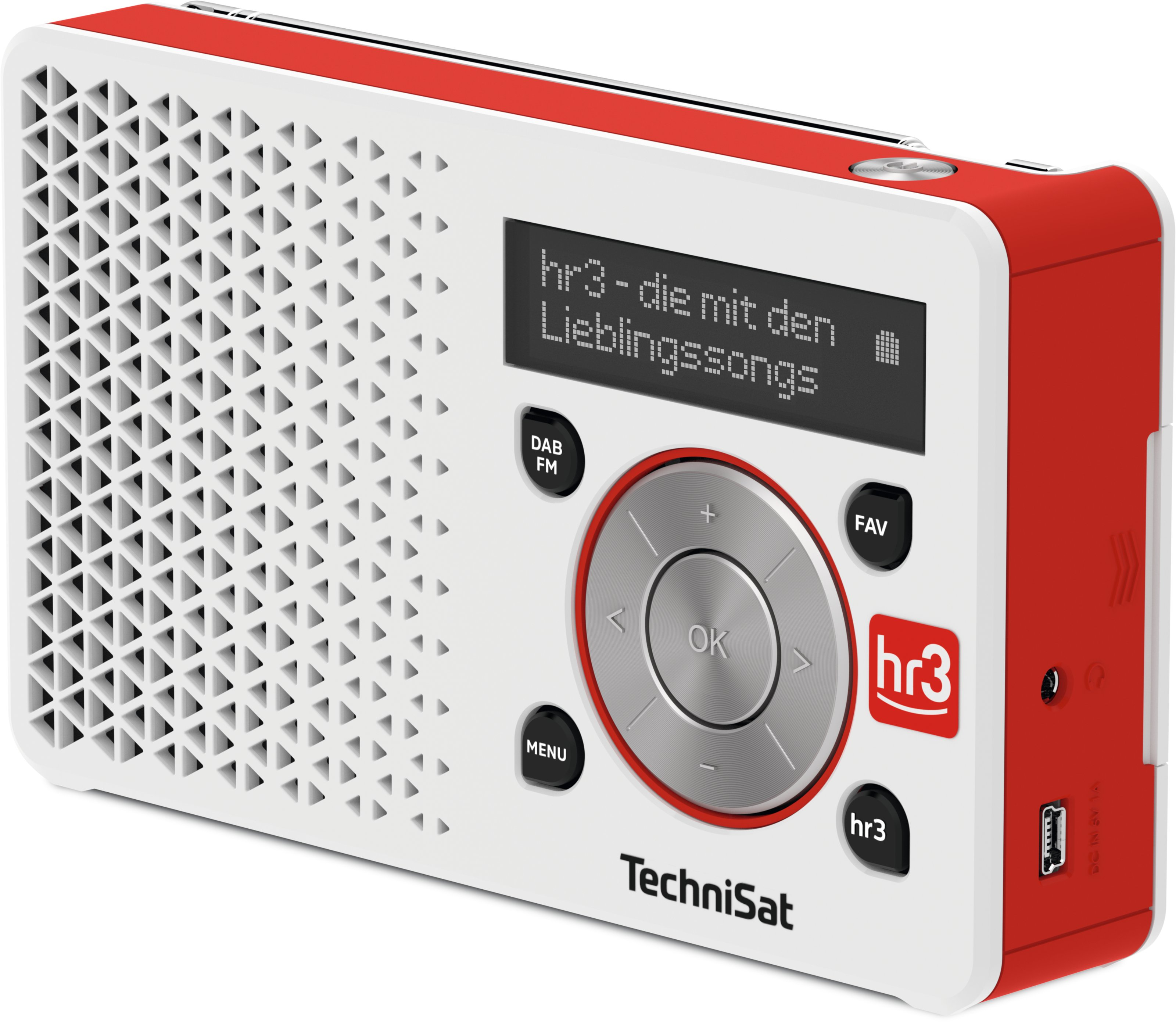 Weißes und rotes Radio mit kleinem Display, Knöpfen und dem Text hr3.
