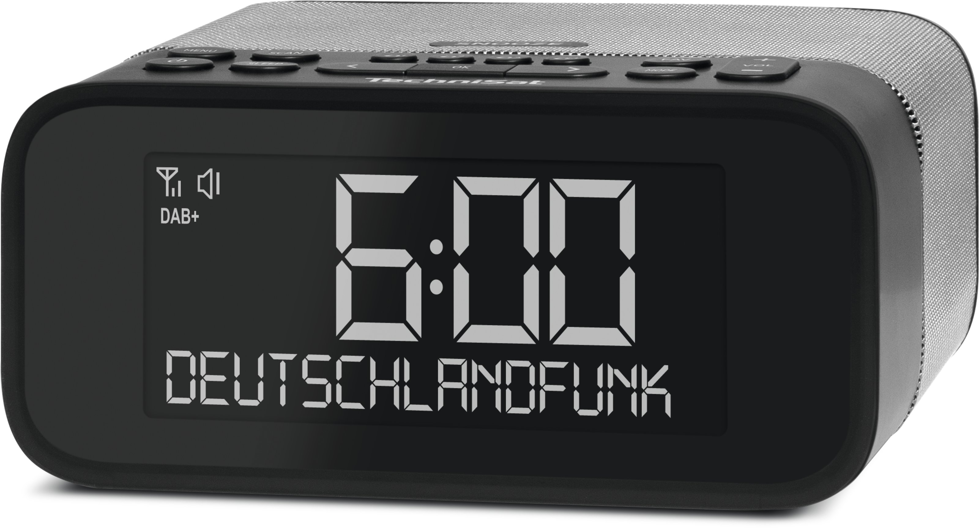 Ein schwarzes Technisat-Radiowecker zeigt die Uhrzeit 6:00 und 'DEUTSCHLANDFUNK'.