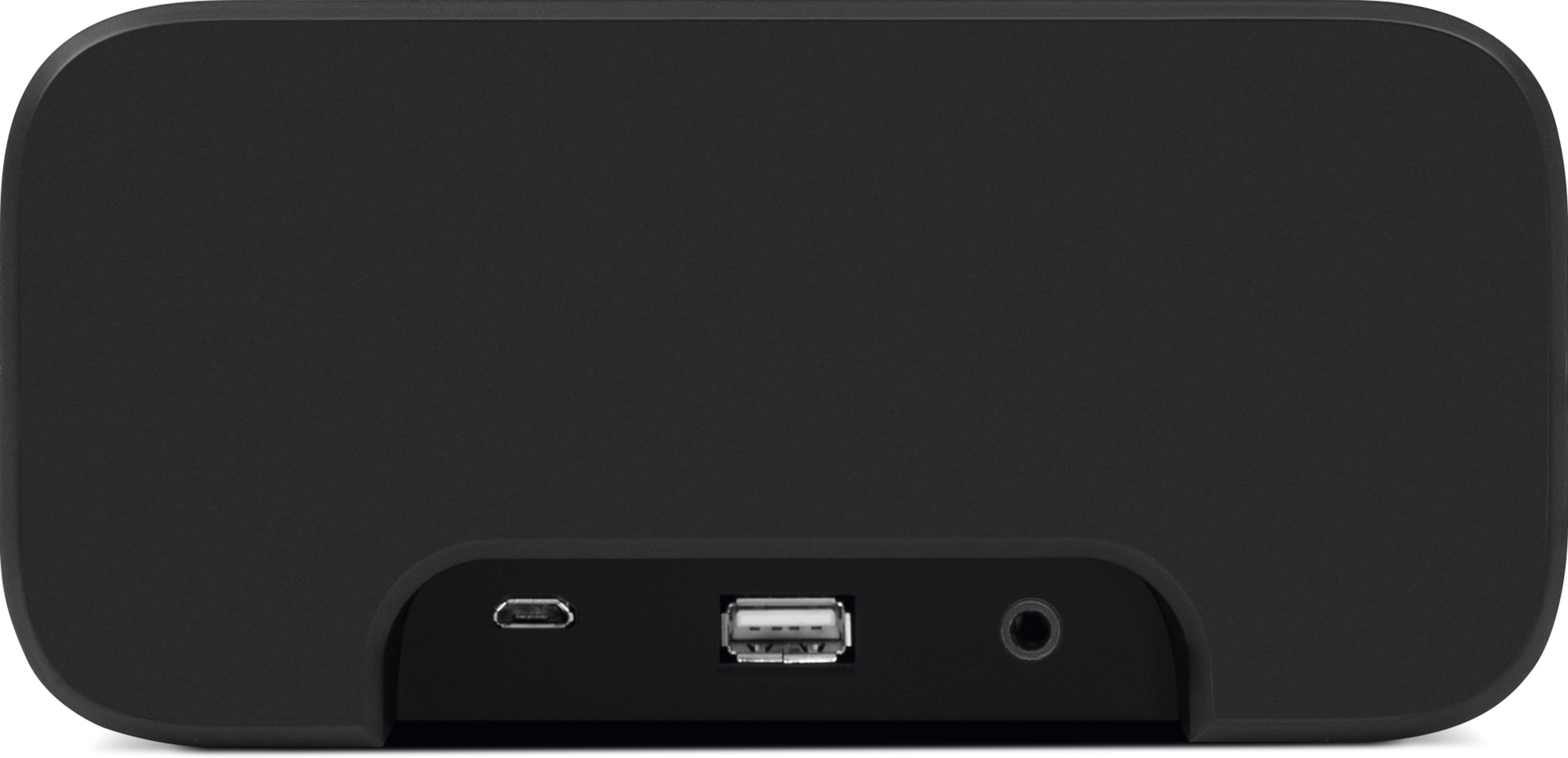 Ein schwarzer Lautsprecher mit USB-, Micro-USB- und Audioanschlüssen, von hinten betrachtet.