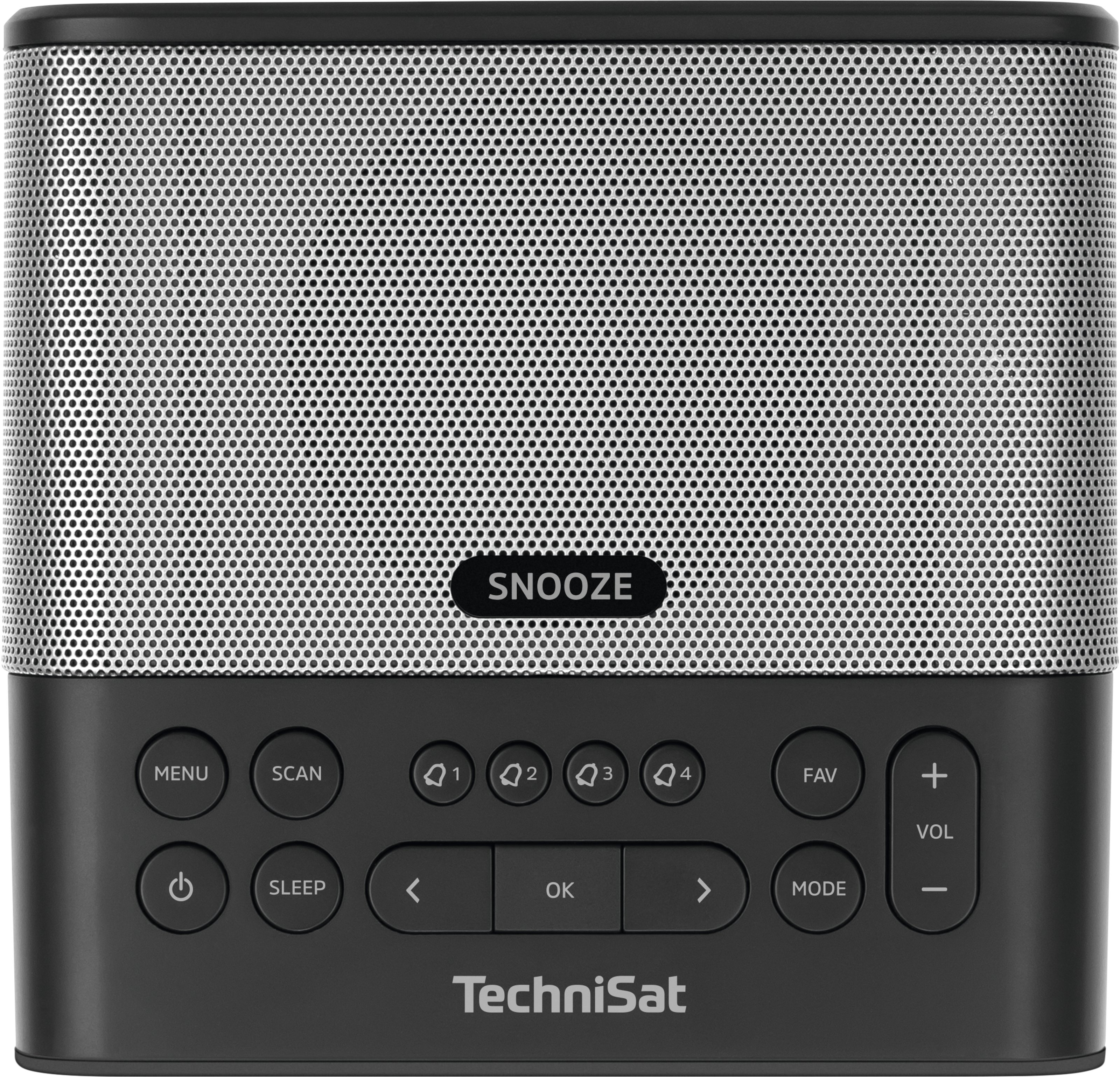Ein schwarzes TechniSat-Radiowecker mit Knöpfen, Display und Lautsprechergrill. Text: 'SNOOZE'.