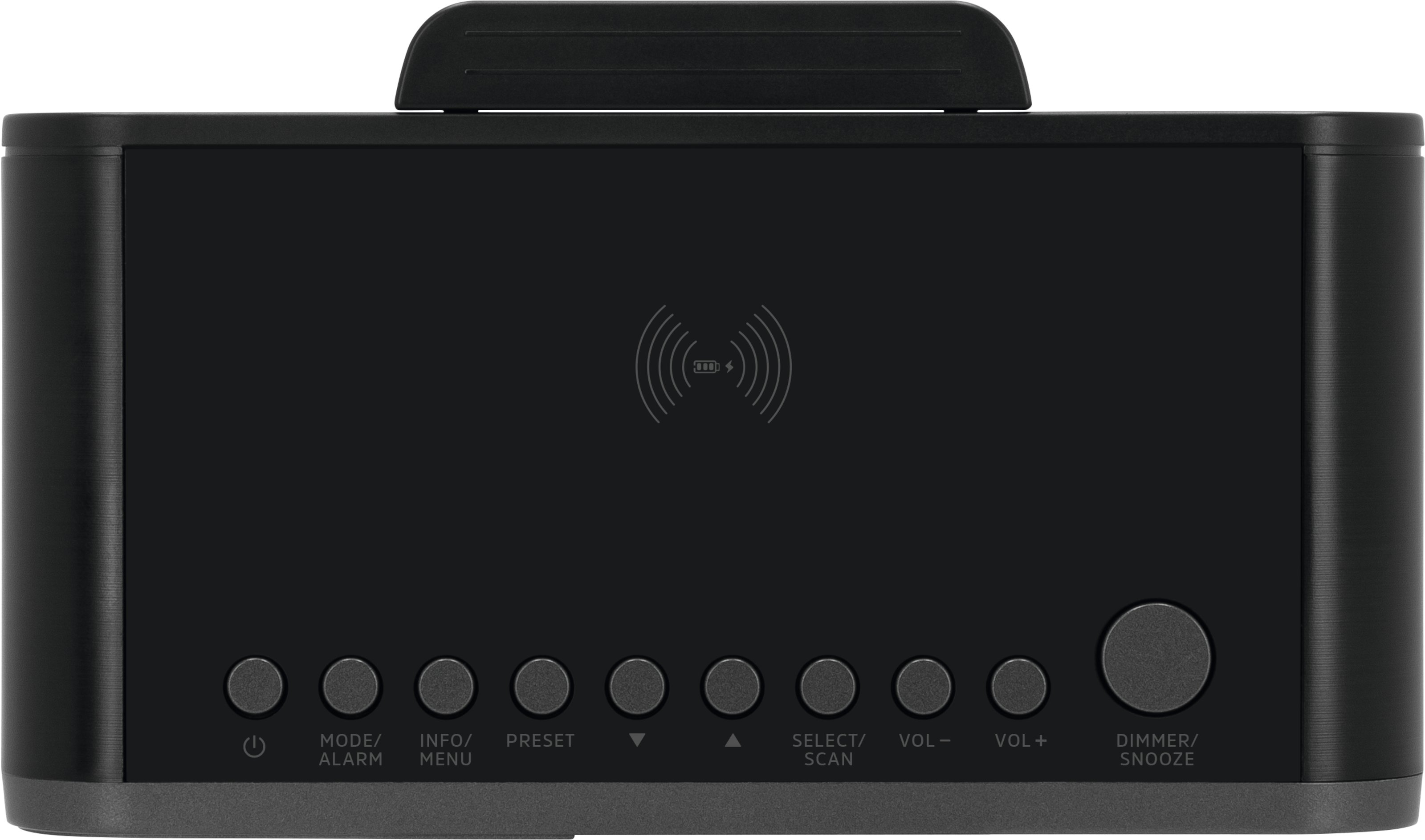 Czarny radiobudzik z przyciskami i symbolem ładowania bezprzewodowego na górze.
