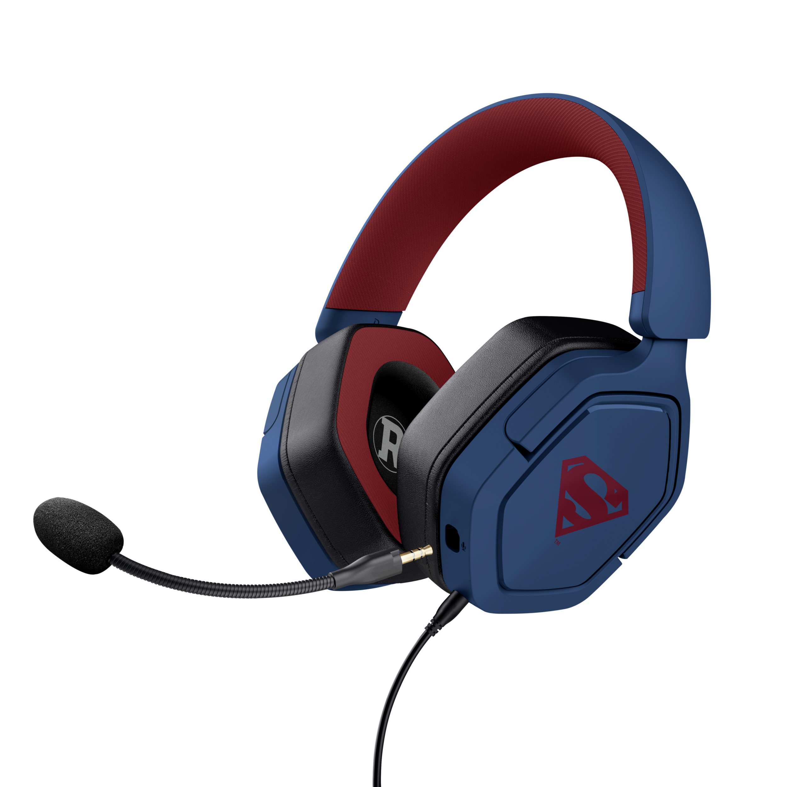 Blaues Superman-Headset mit roten Akzenten, Mikrofon und schwarzem Hintergrund.