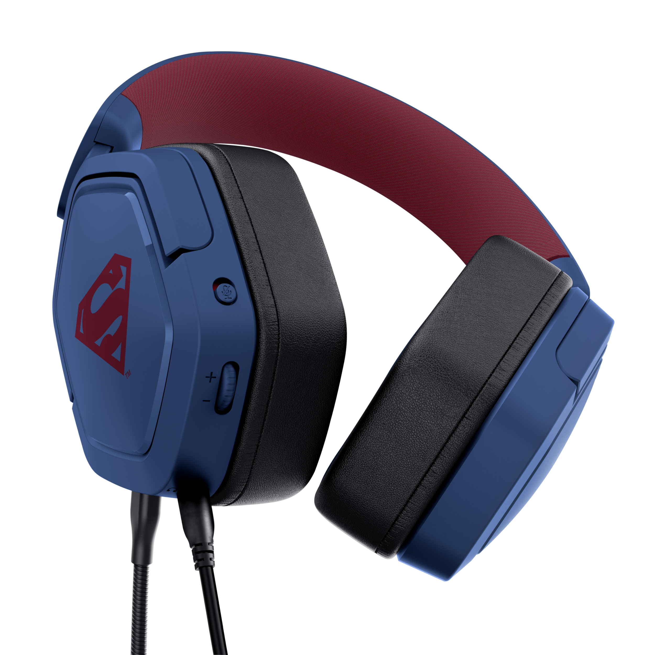 Kopfhörer im Superman-Design, blau mit Superman-Logo und rotem Bügel.