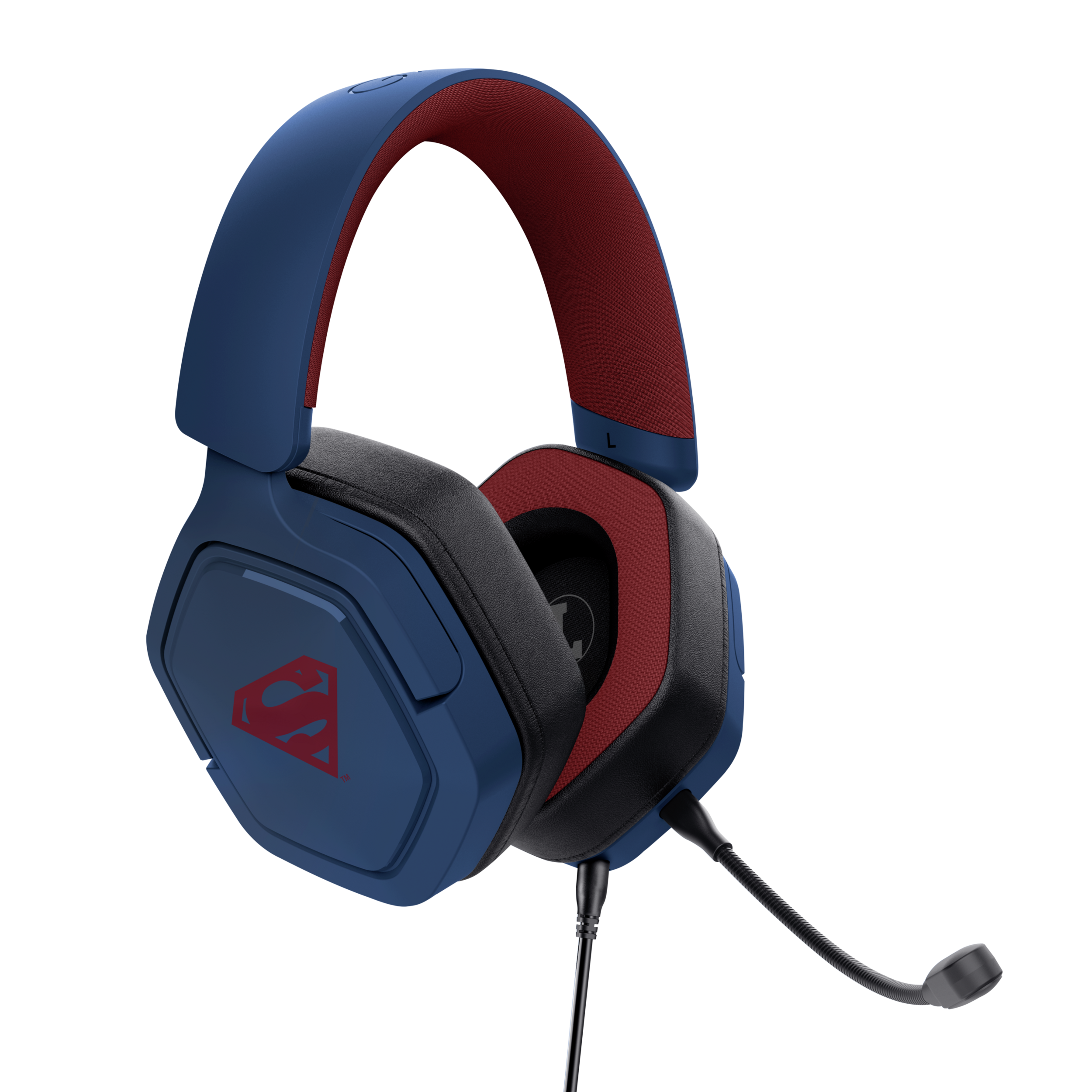 Blaues Superman-Headset mit rotem Logo, Mikrofon und schwarzem Hintergrund.