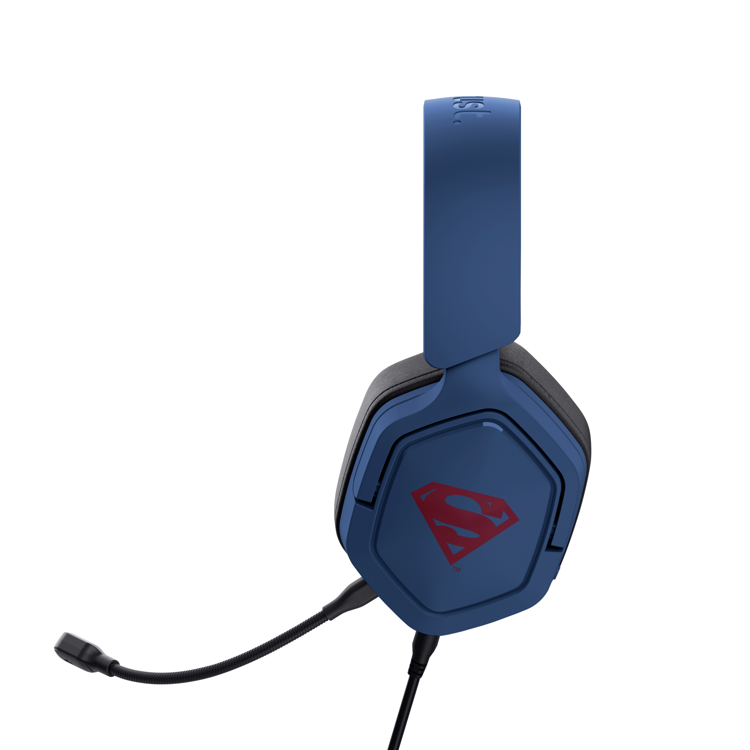 Blaues Superman-Headset mit rotem Logo und Mikrofon. Schwarzer Hintergrund.