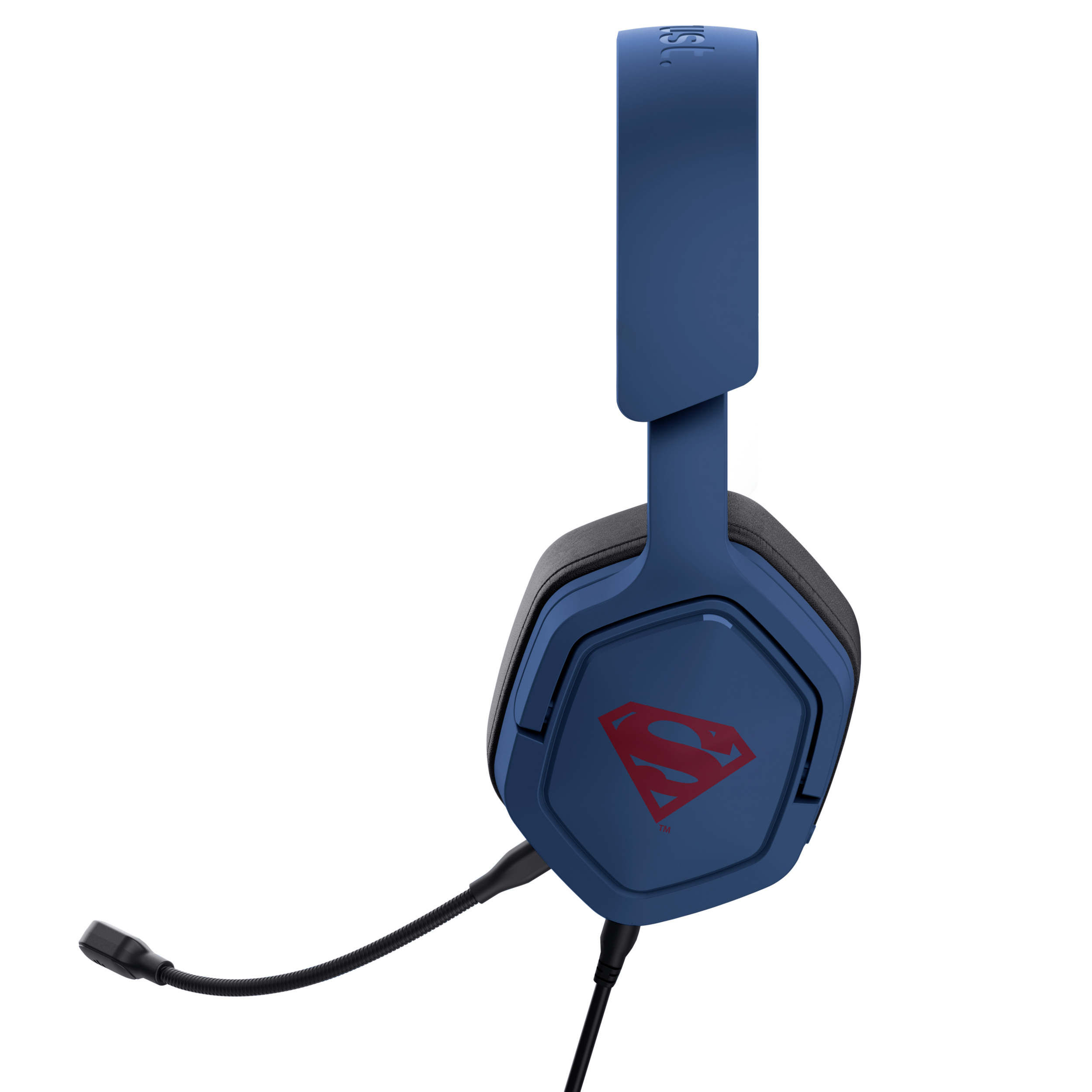 Blaues Superman-Headset mit rotem Logo und Mikrofon. Schwarzer Hintergrund.