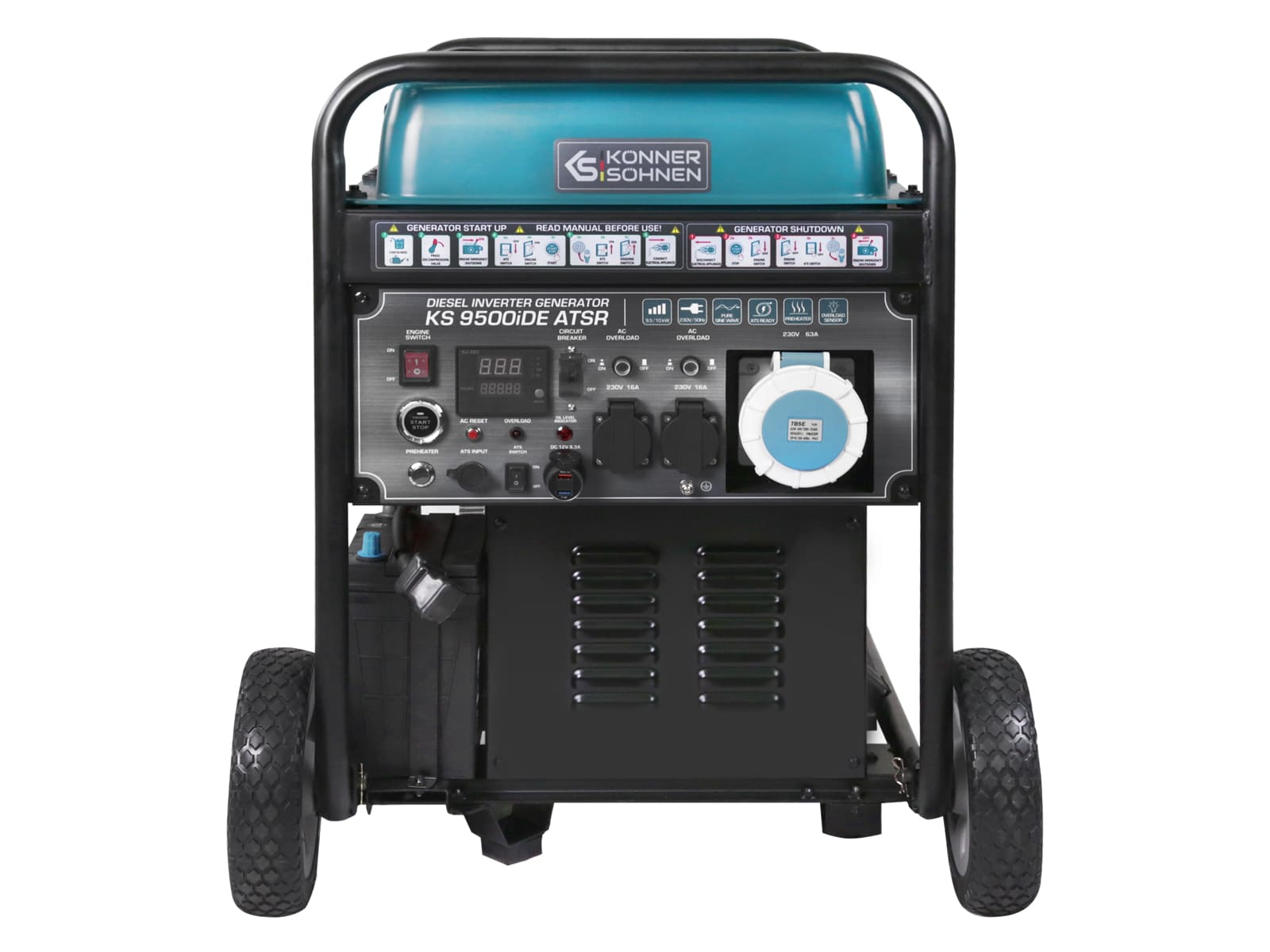 Ein Diesel-Inverter-Generator, schwarz und blaugrün, mit Bedienfeld und Rädern. Der Generator steht vor weißem Hintergrund.
