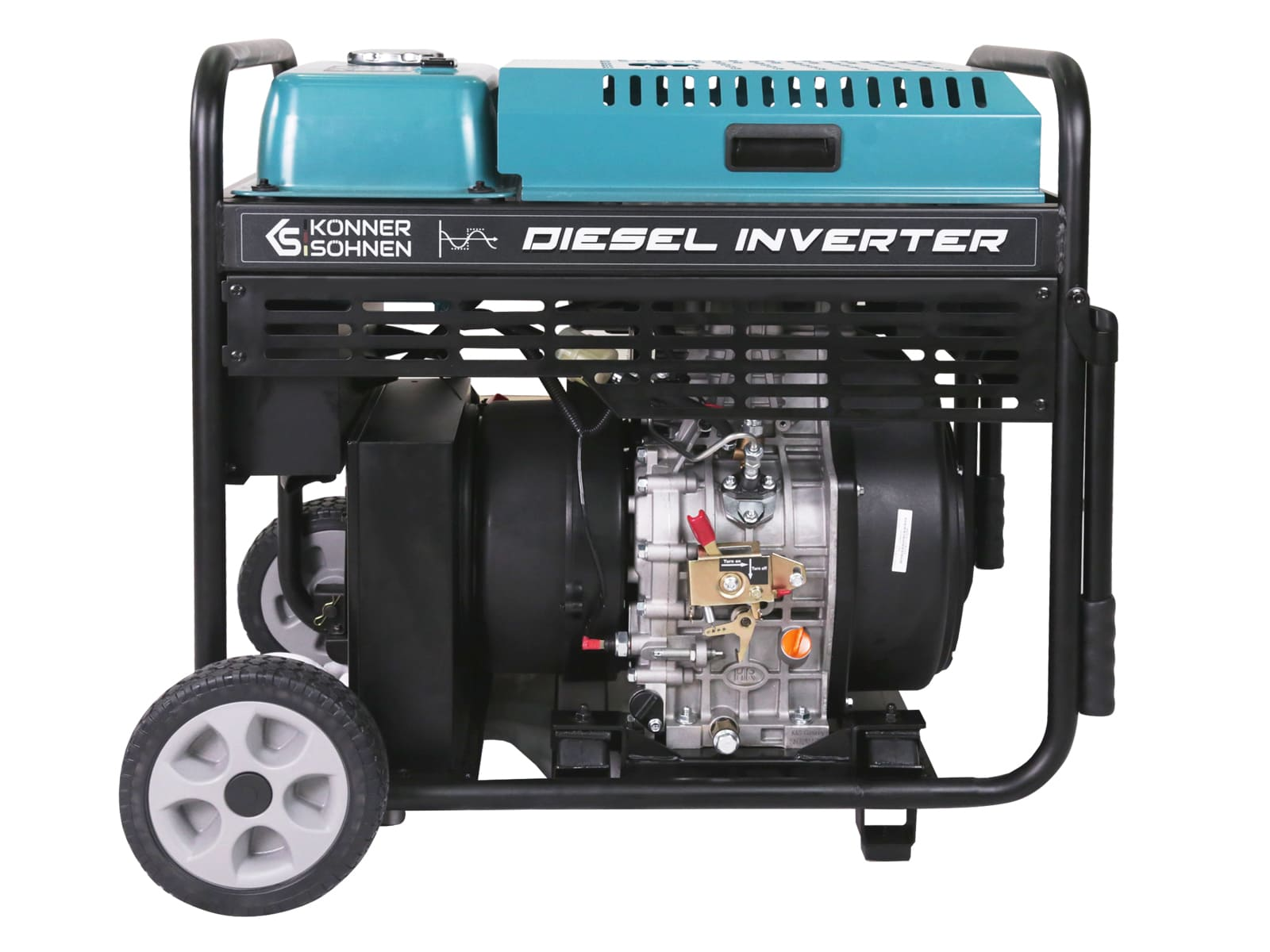 Dieselgenerator, schwarz und blaugrün, mit Rädern und weißem Hintergrund.