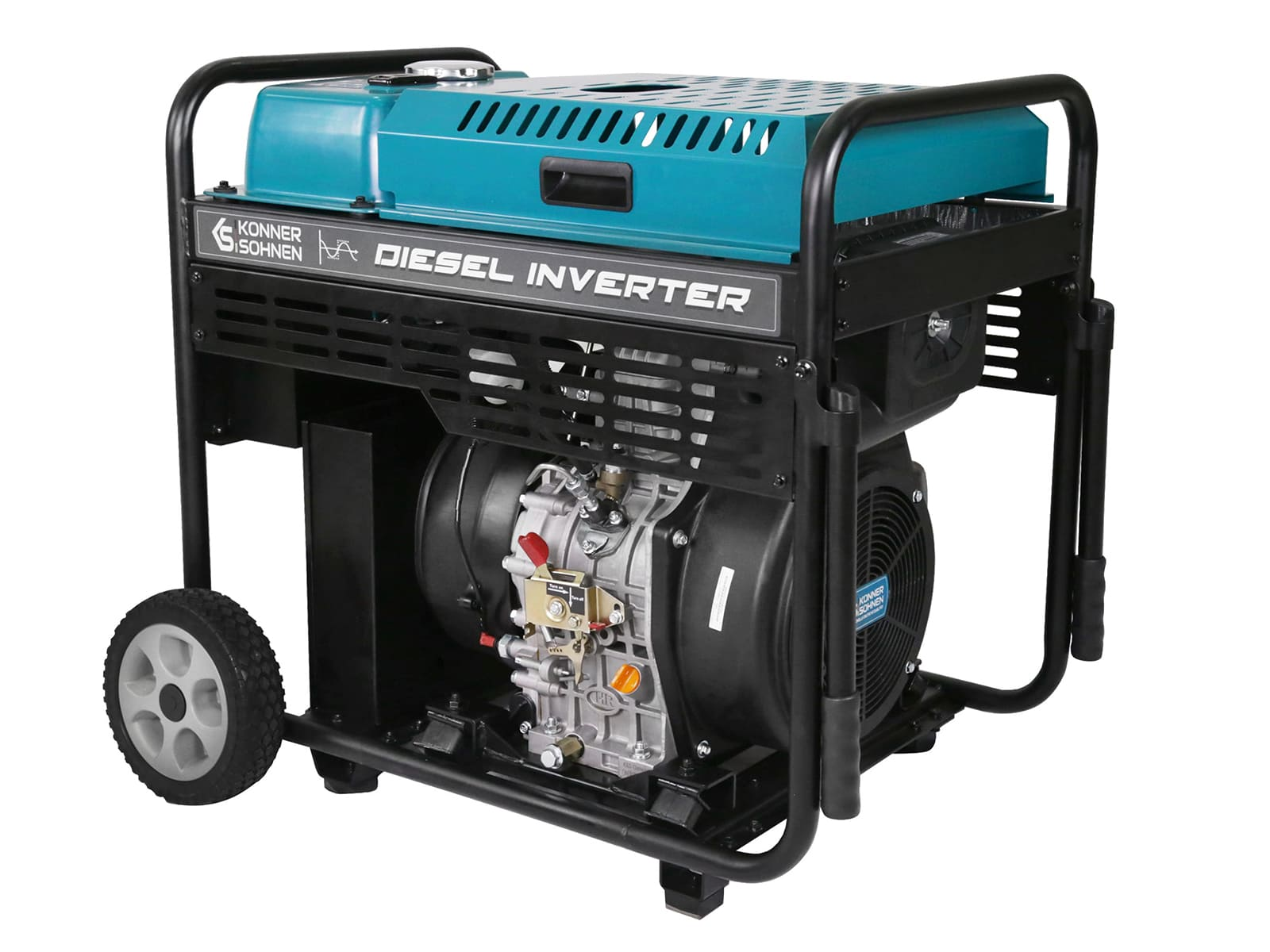 Ein Diesel-Inverter-Generator, blaugrün und schwarz, mit Griff und Rad. Der Generator ist vor weißem Hintergrund platziert.