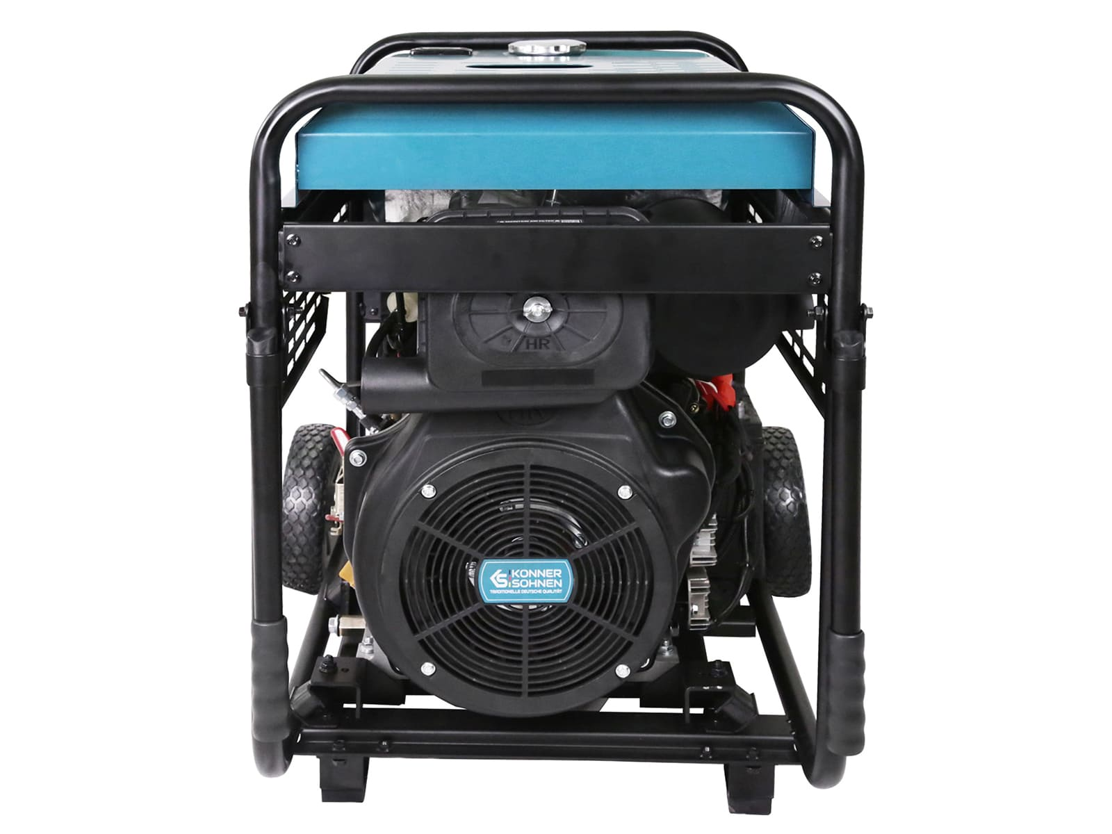Dieselgenerator-Vorderansicht: schwarzer Rahmen, Motor, Lüfter und Räder.