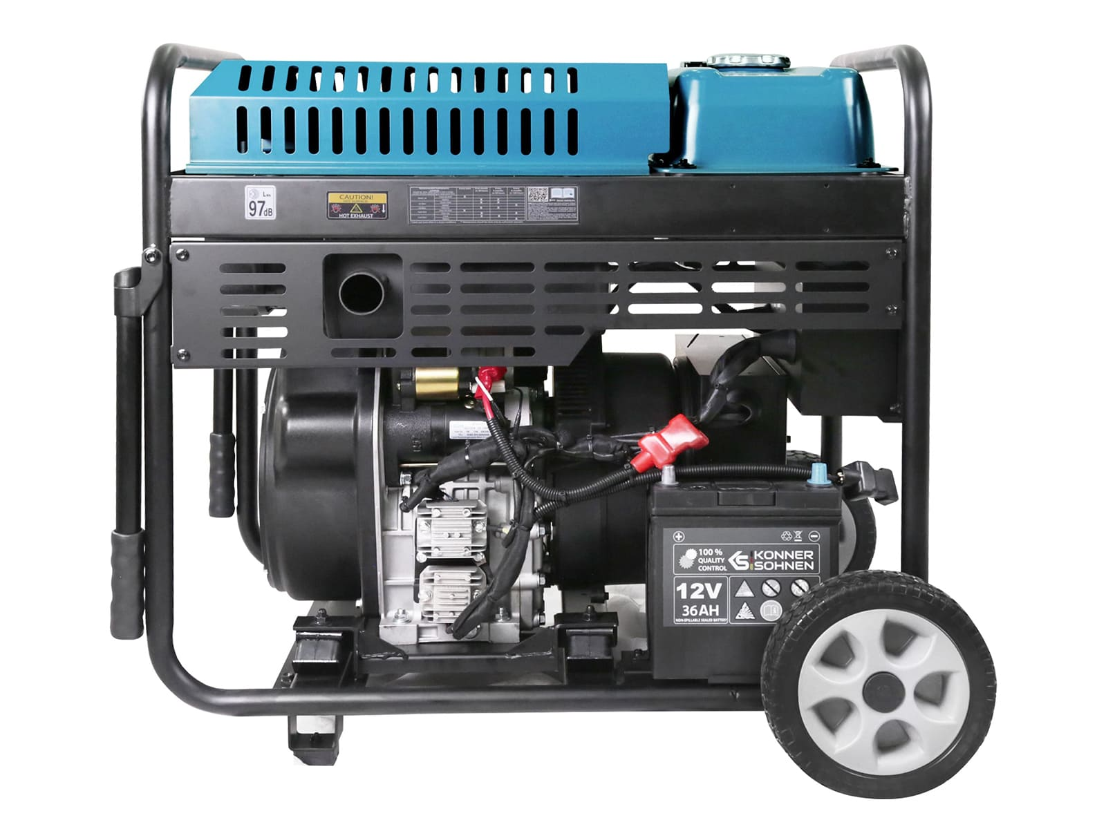 Dieselgenerator-Seitenansicht: schwarzer Rahmen, Batterie, Motor und Bedienfeld mit Rädern.