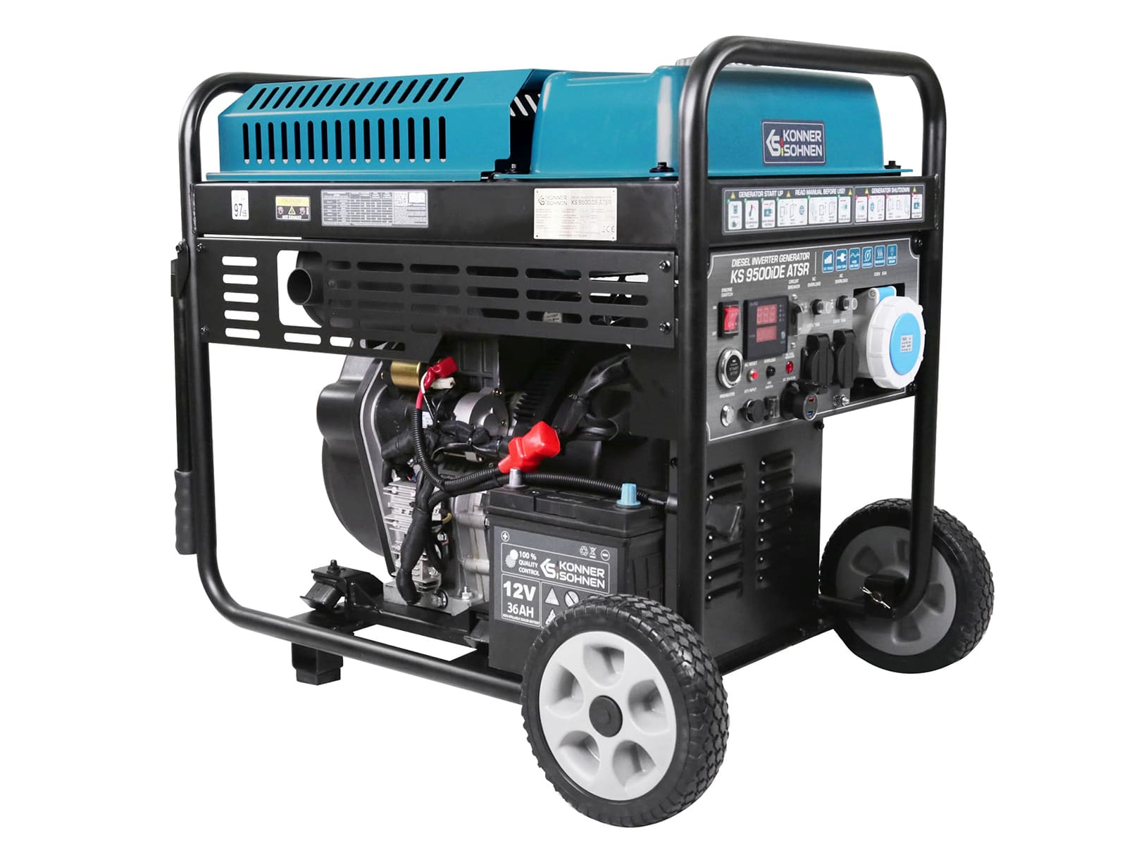 Dieselgenerator, schwarz und blaugrün, mit Rädern und weißem Hintergrund.