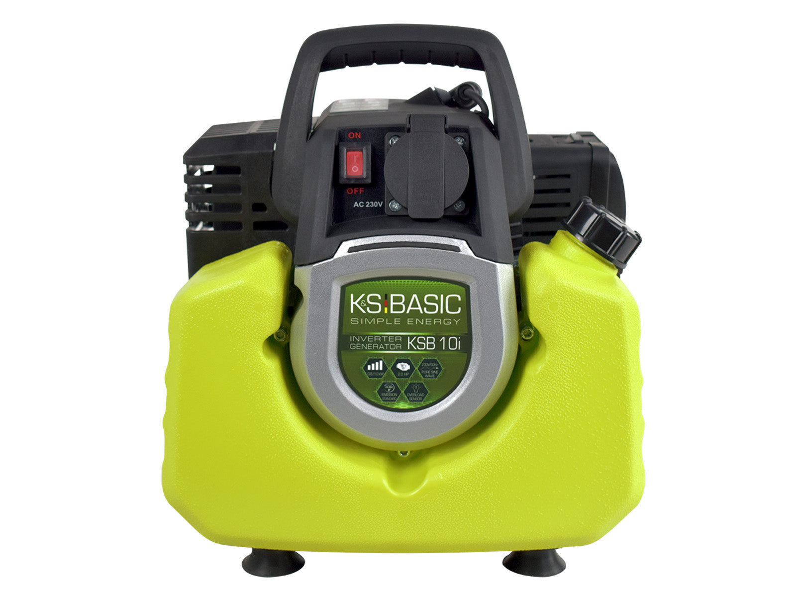 Przenośny generator z zielonym zbiornikiem paliwa, czarnym uchwytem i srebrnym panelem sterowania na białym tle.