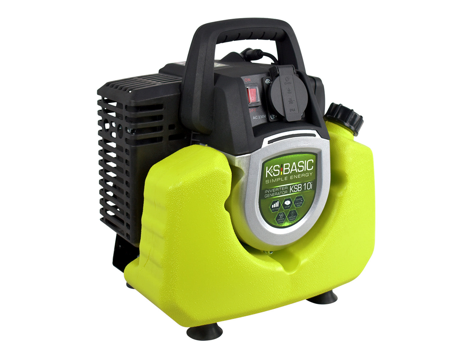 Przenośny generator z zielonym zbiornikiem paliwa, czarnym uchwytem i srebrnym panelem sterowania na białym tle.