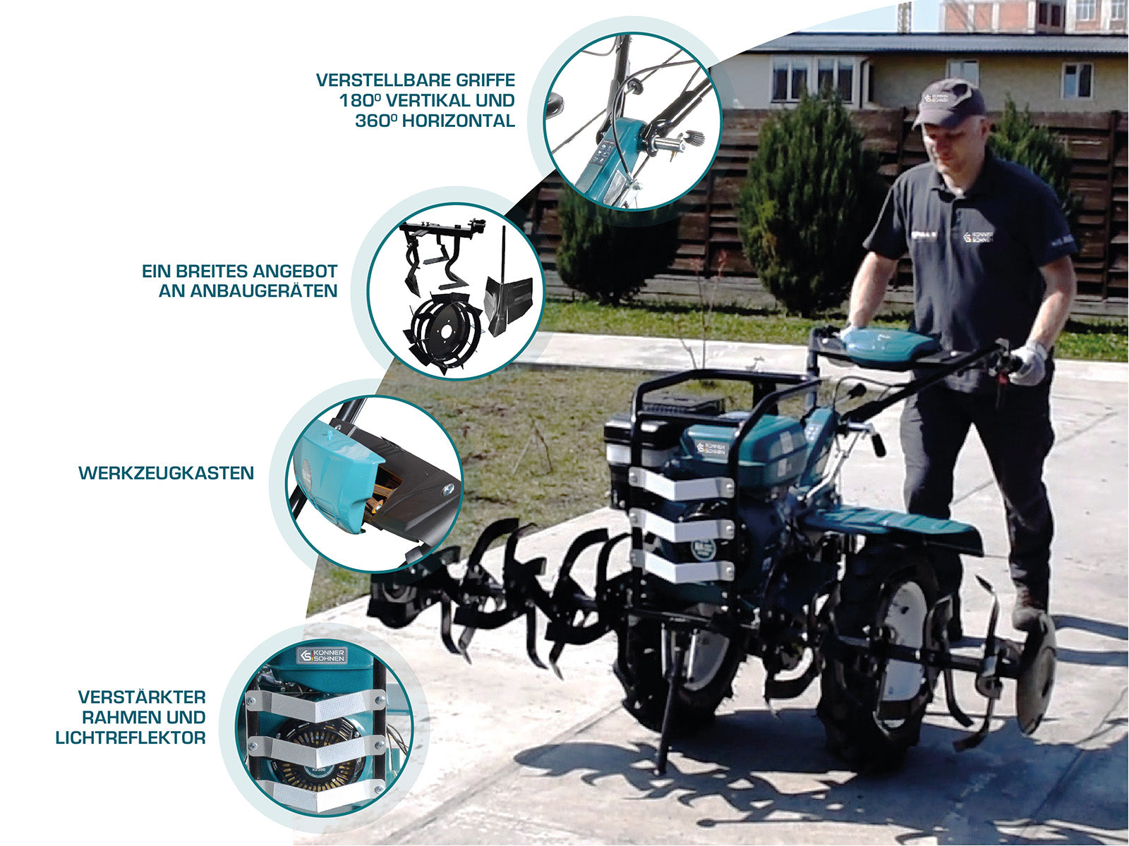 Mężczyzna obsługuje turkusowy kultywator w słonecznym otoczeniu. Funkcje obejmują regulowane uchwyty i skrzynkę narzędziową.