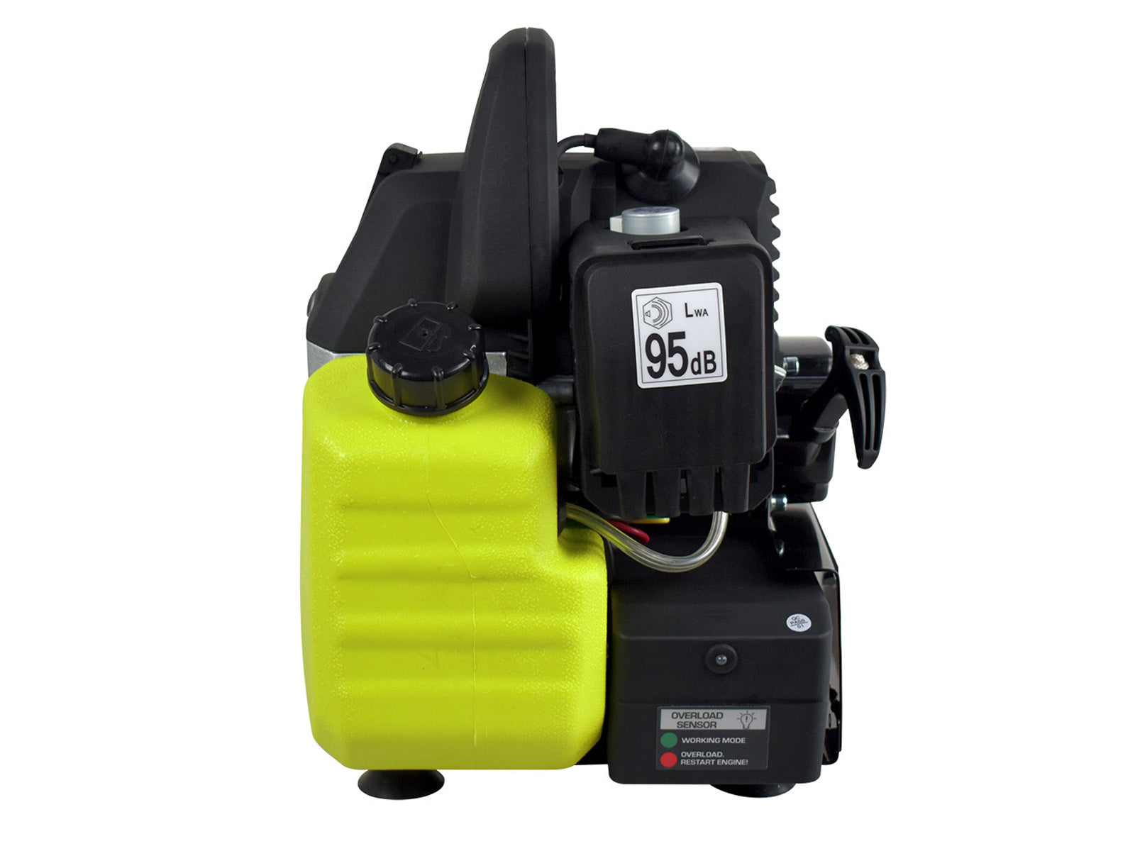 Generator z zielonym zbiornikiem paliwa i czarnymi komponentami. Widok z boku ujawnia etykietę 95dB.