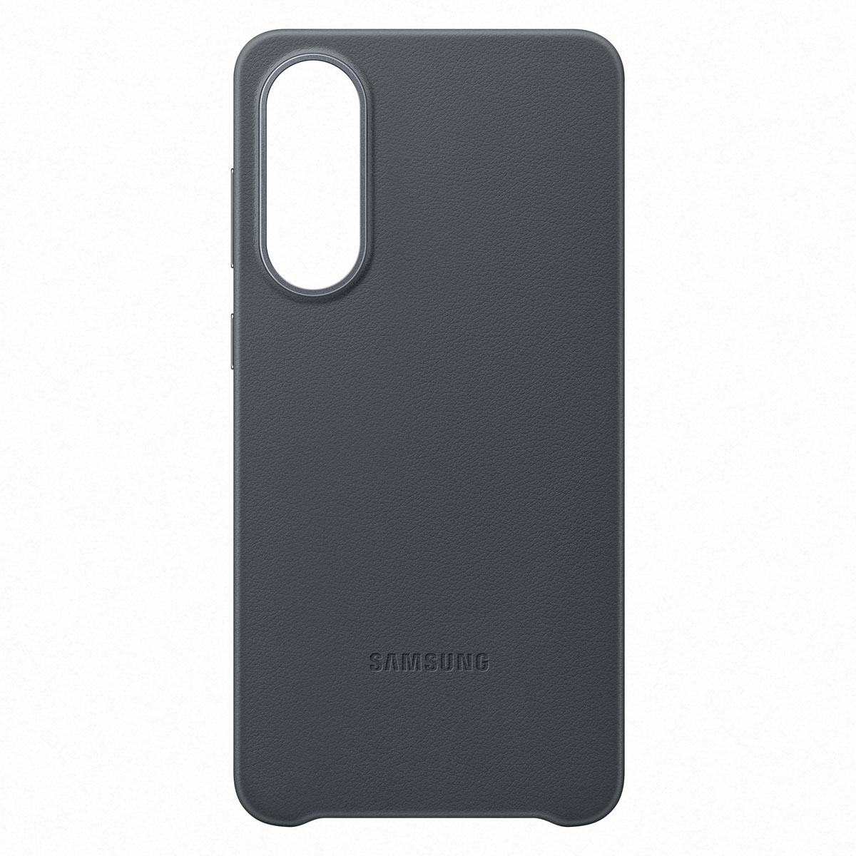 Custodia grigio scuro con ritaglio per fotocamera e logo Samsung.
