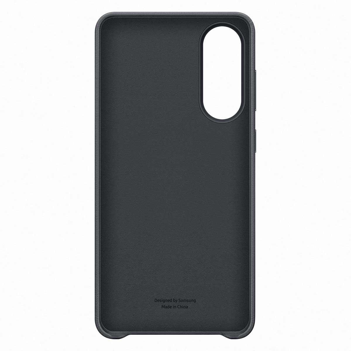 Il retro di una custodia per telefono grigio scuro con la scritta 'Designed by Samsung'.