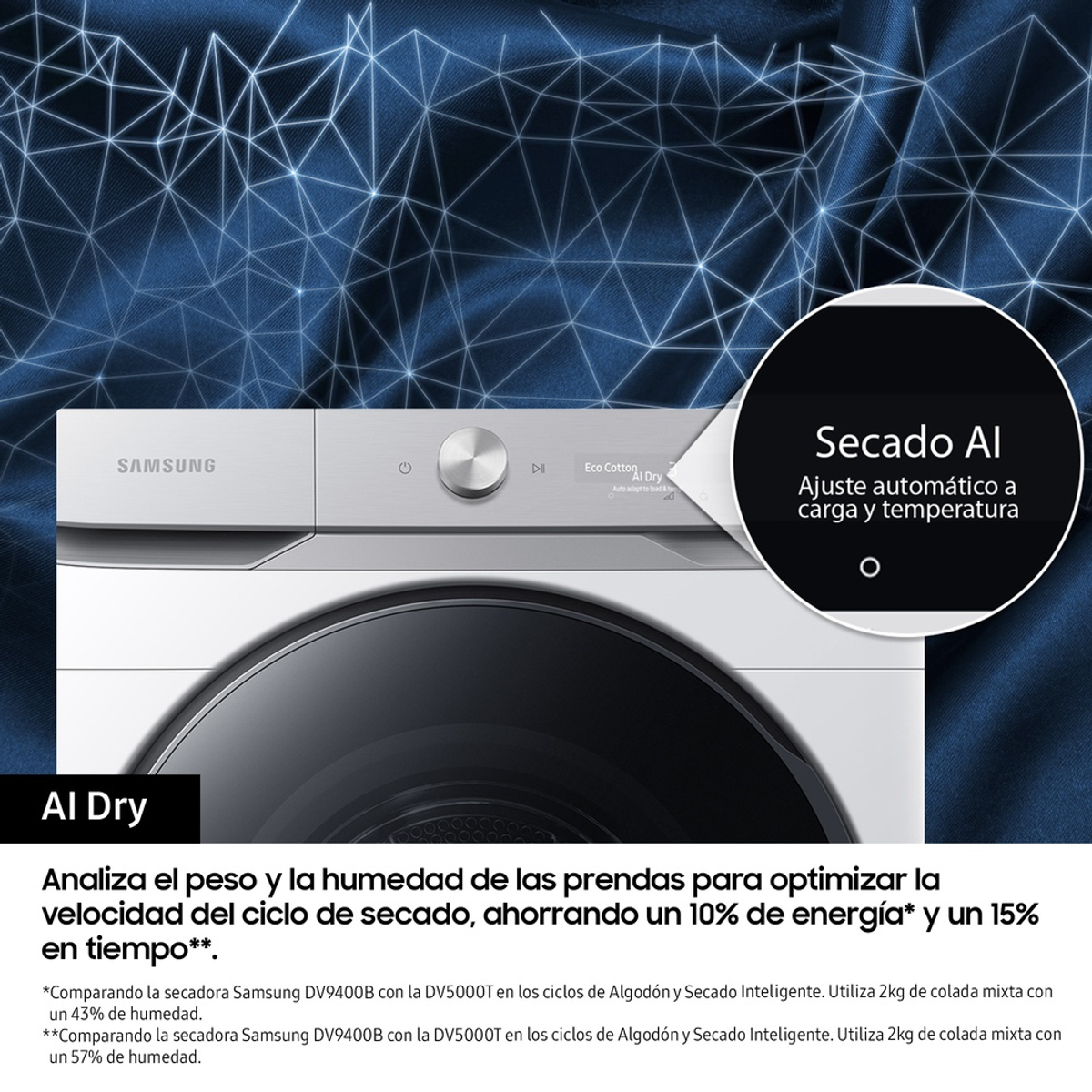 Biała suszarka z ekranem. Tekst w języku hiszpańskim. Białe tło z niebieskim wzorem siatki.