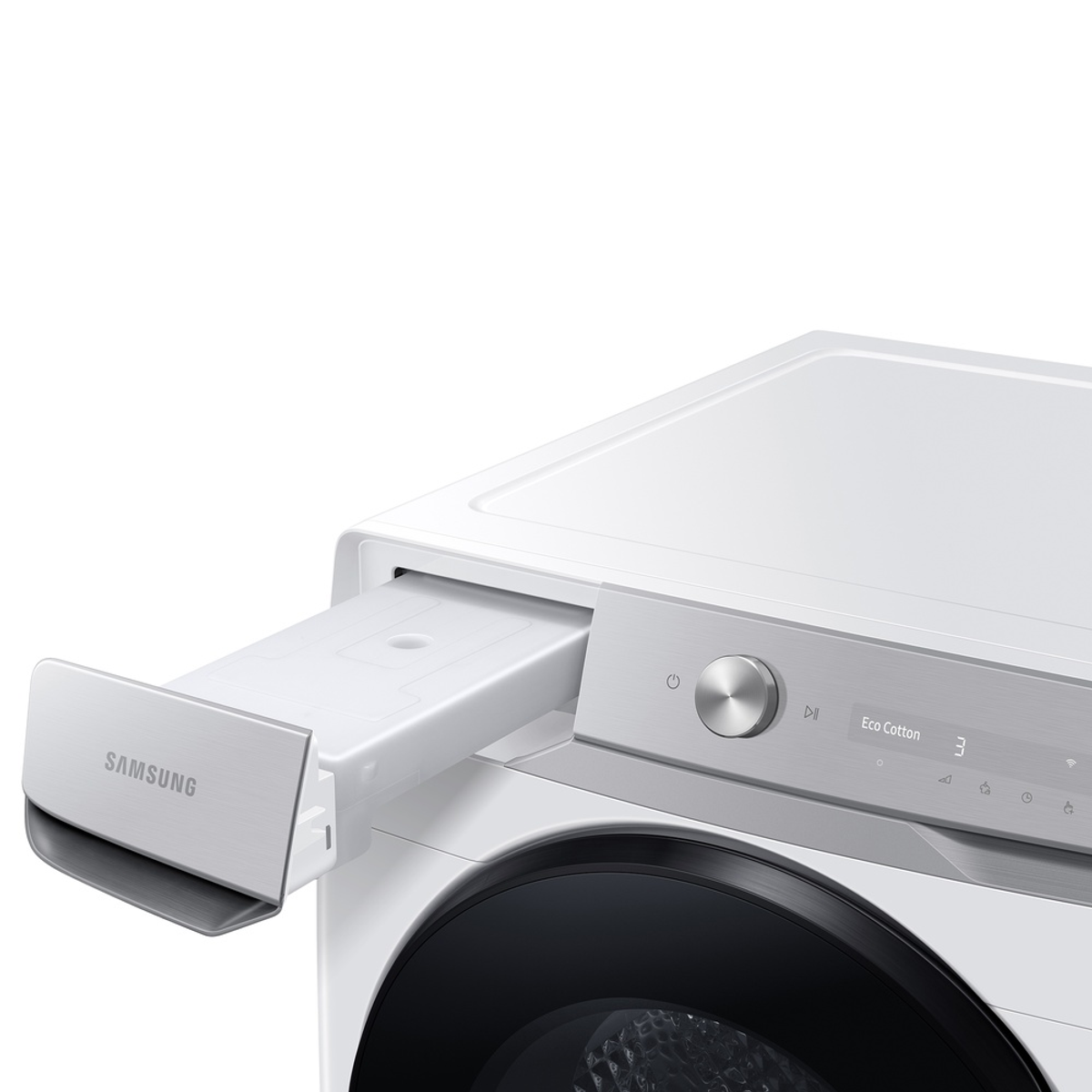 Biała pralka Samsung z otwartą szufladą na detergent, pokazująca wnętrze.
