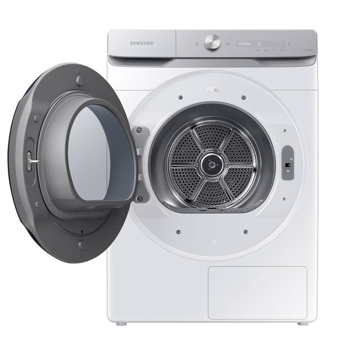 Biała suszarka Samsung z otwartymi drzwiami. Widoczny jest bęben wewnętrzny.