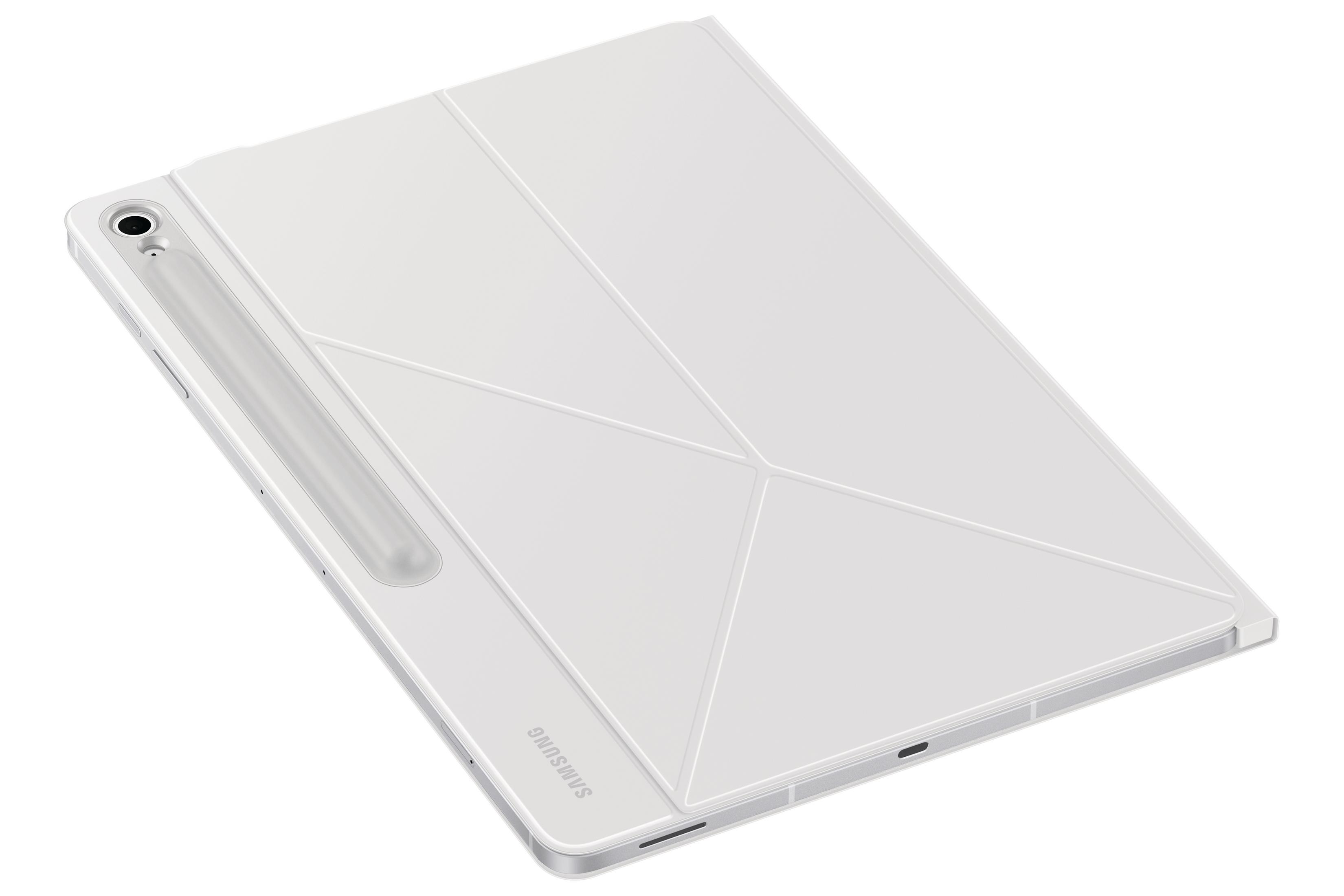 Tablet Samsung bianco con custodia.