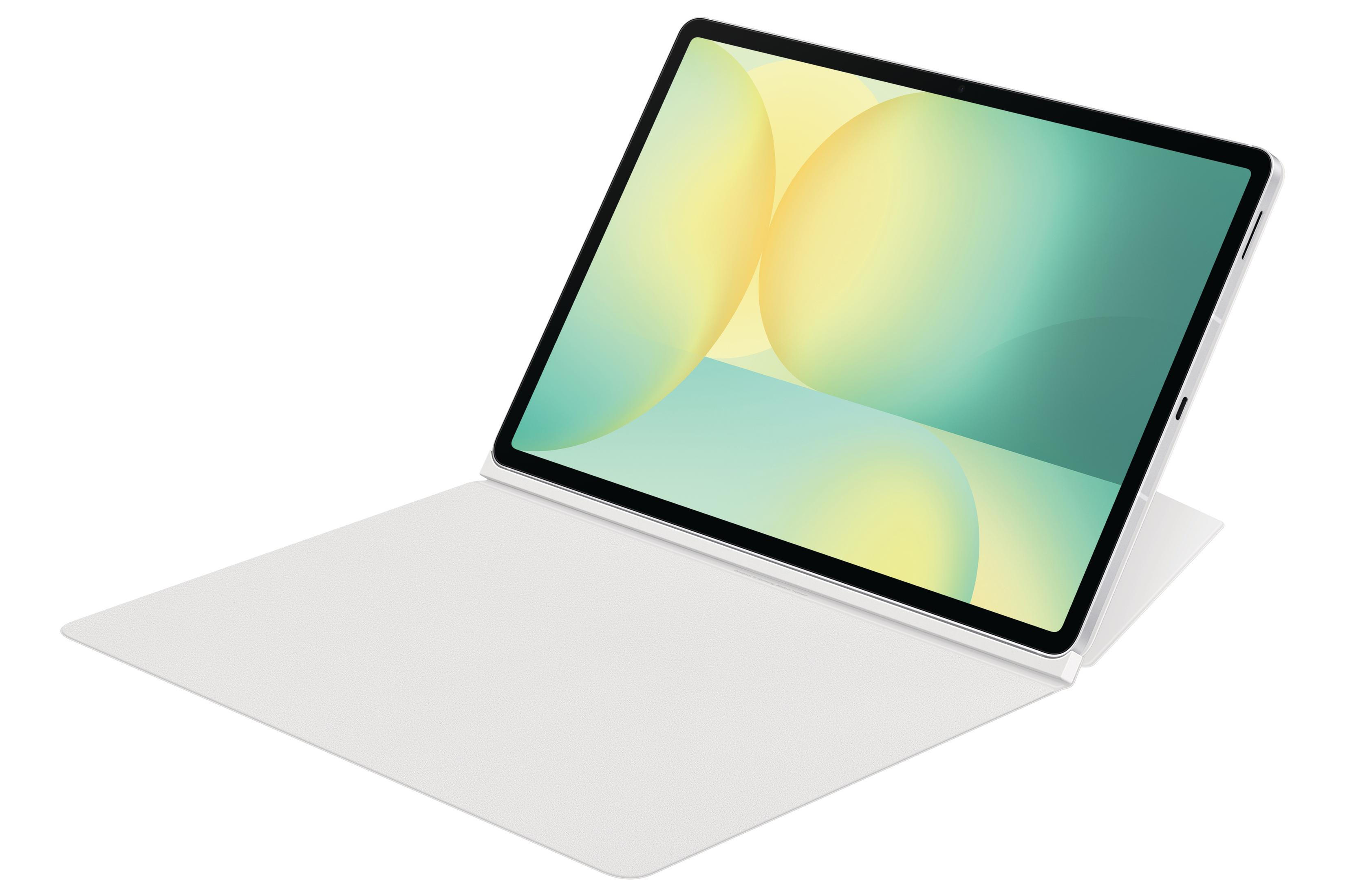 Tablet aperto con custodia bianca. Lo schermo mostra un'immagine astratta gialla e verde.