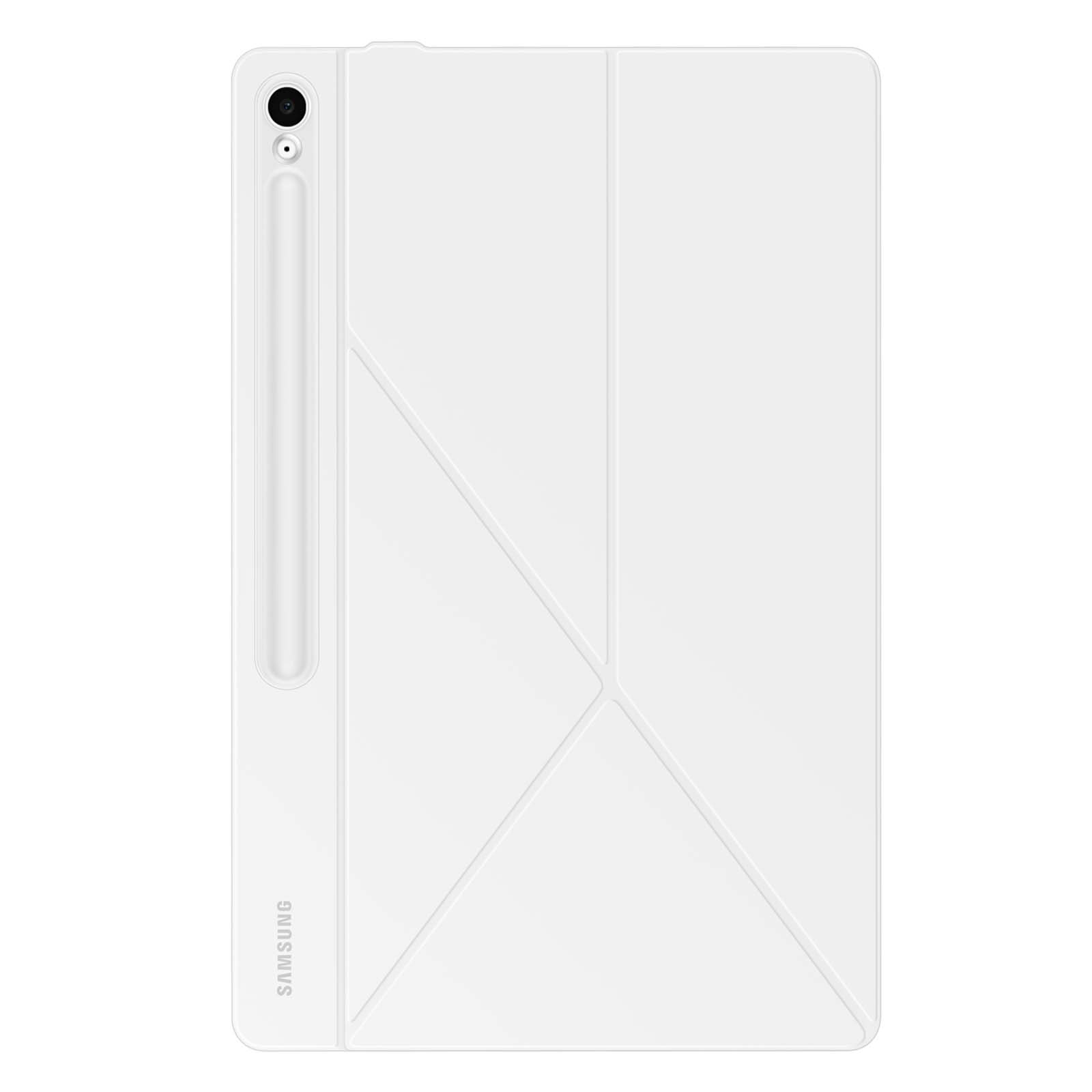 Un tablet bianco con uno stilo. Ha una cover piegata a motivo geometrico, con il logo Samsung.
