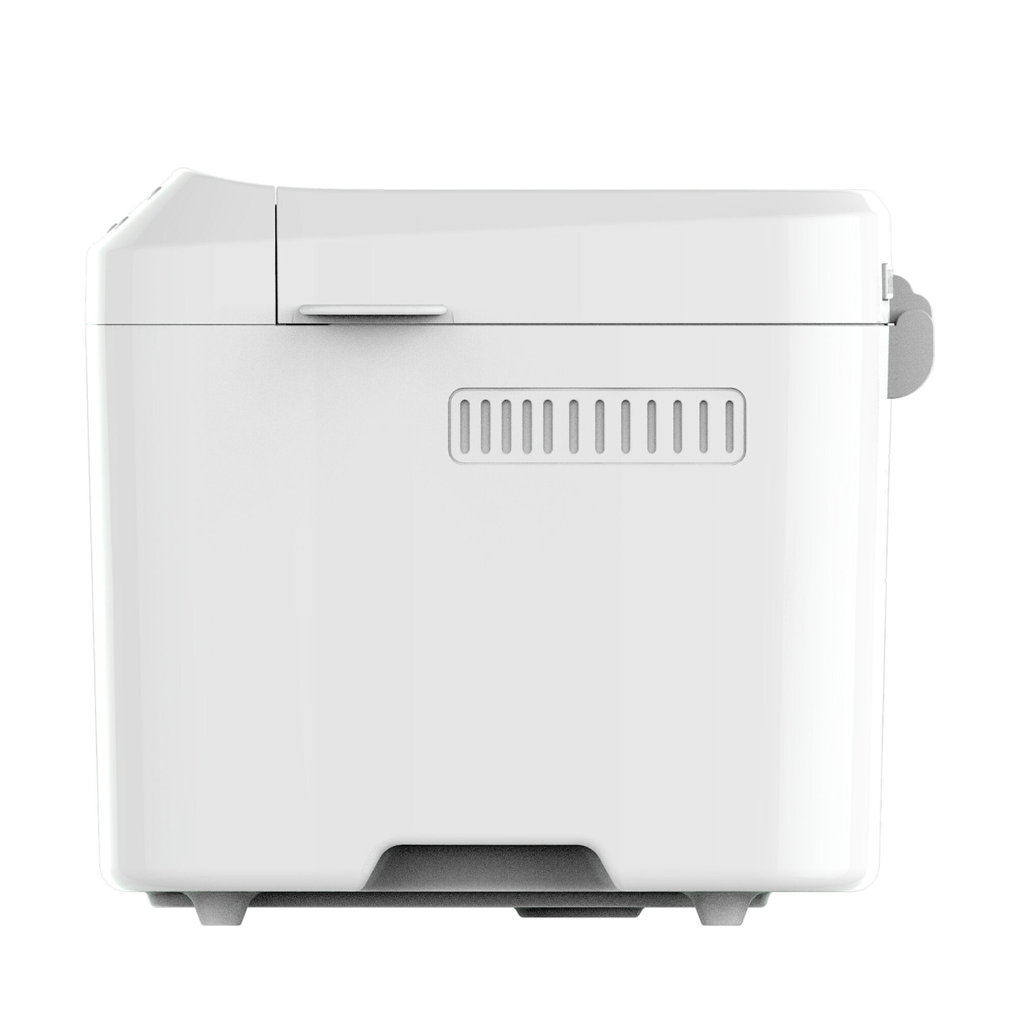 Widok z boku białej maszyny do pieczenia chleba, z otworem wentylacyjnym po prawej stronie.