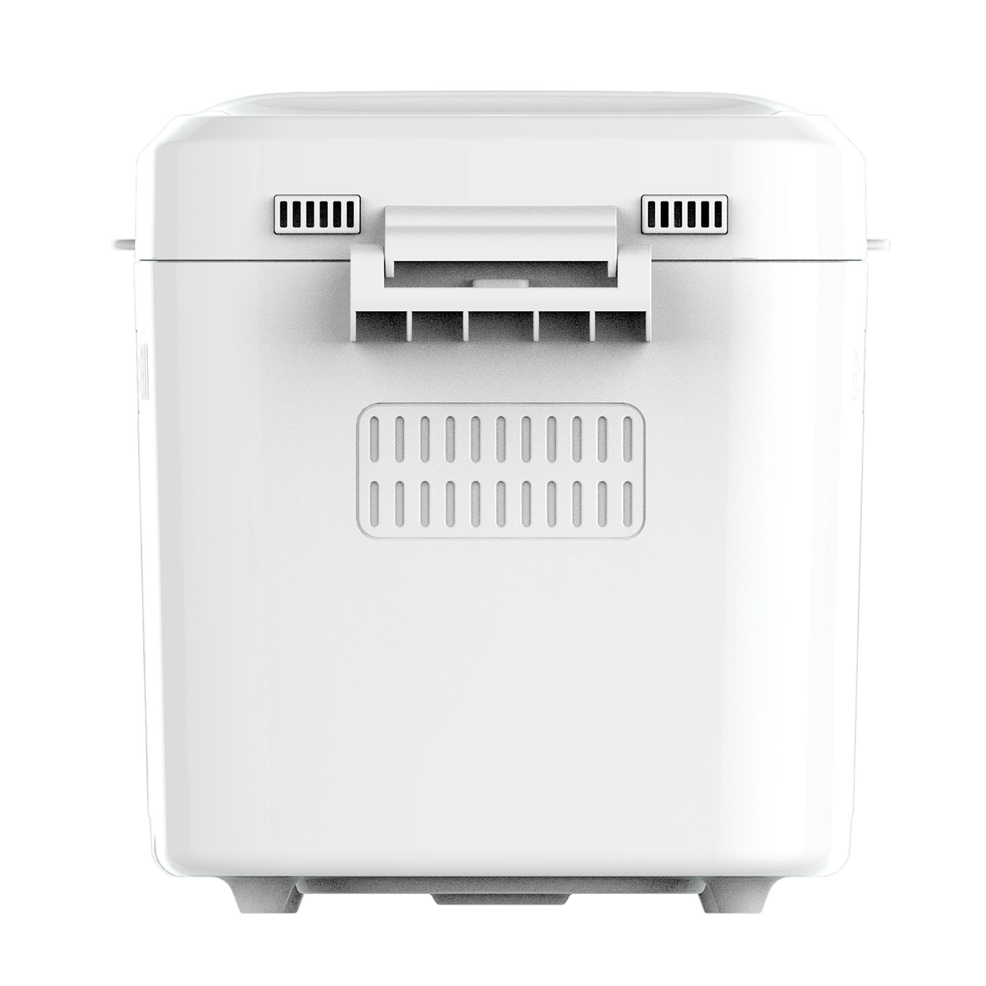 Biała maszyna do chleba. Posiada uchwyt i otwory wentylacyjne. Na białym tle.