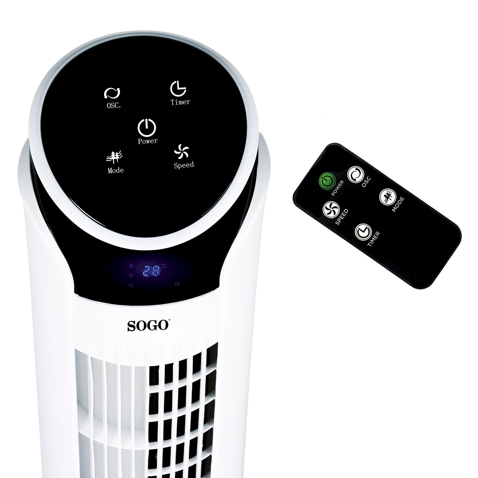 Biały wentylator wieżowy z panelem sterowania i pilotem. Panel z symbolami i wyświetlaczem cyfrowym.